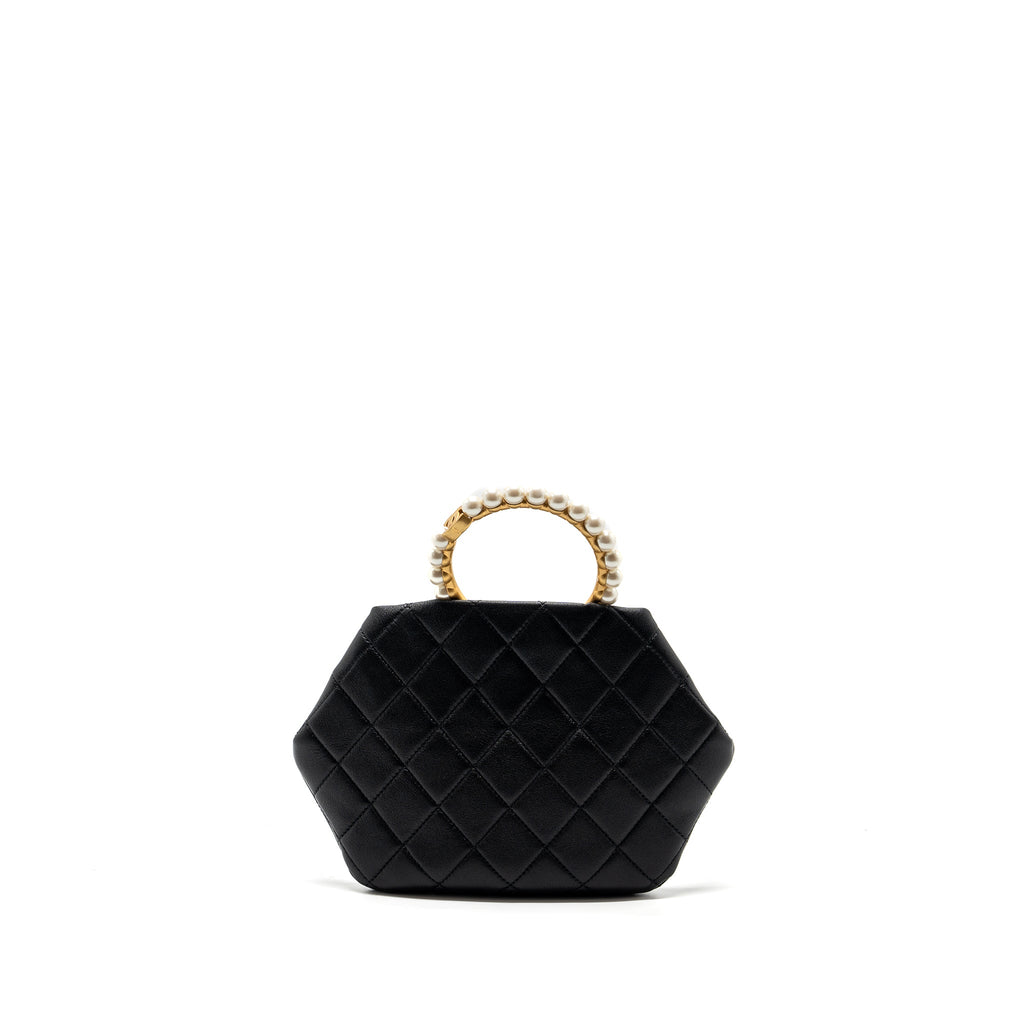 CHANEL PEARL ROUND HANDLE EVENING CLUTCH LAMBSKIN BLACK GHW (MICROCHIP)