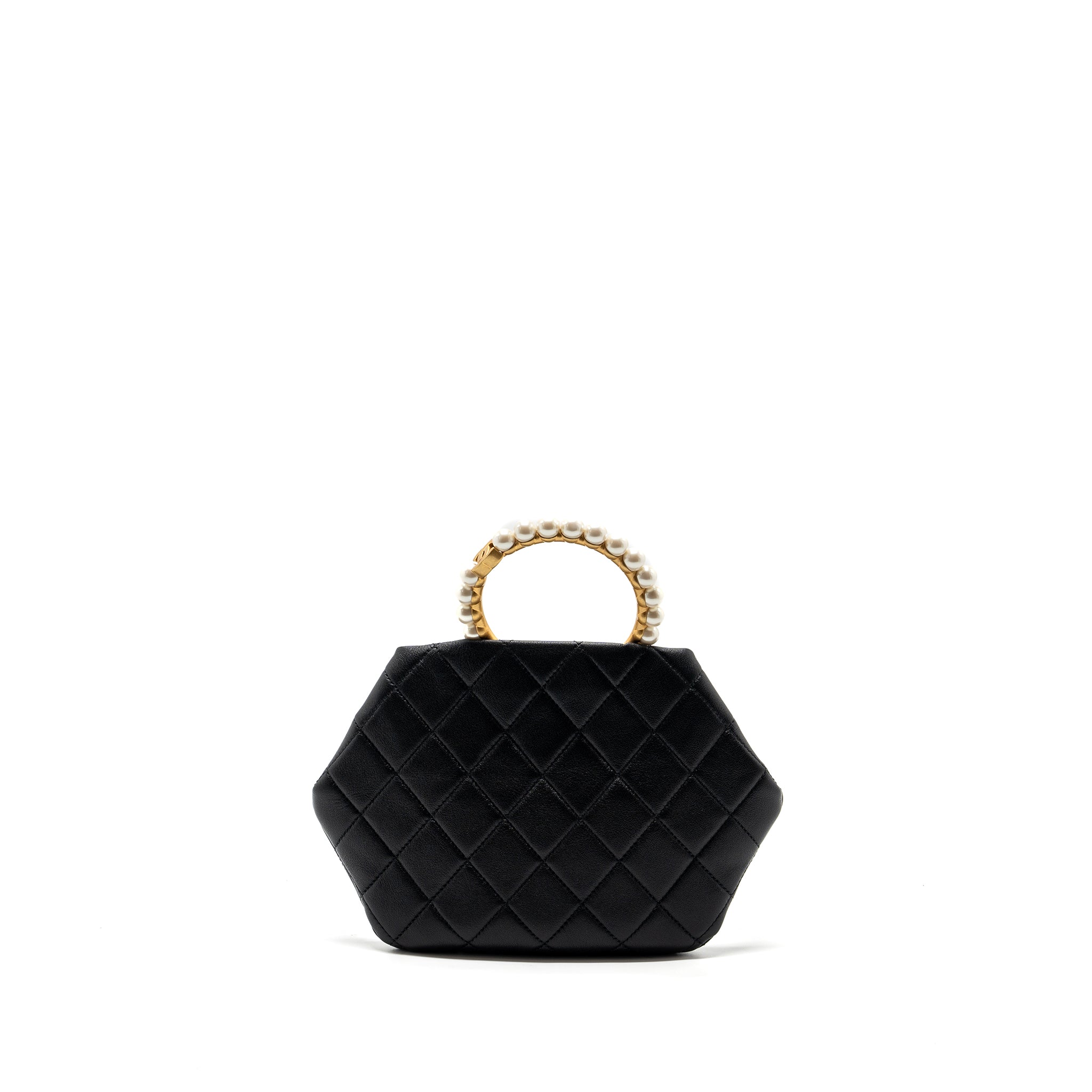 CHANEL PEARL ROUND HANDLE EVENING CLUTCH LAMBSKIN BLACK GHW (MICROCHIP)