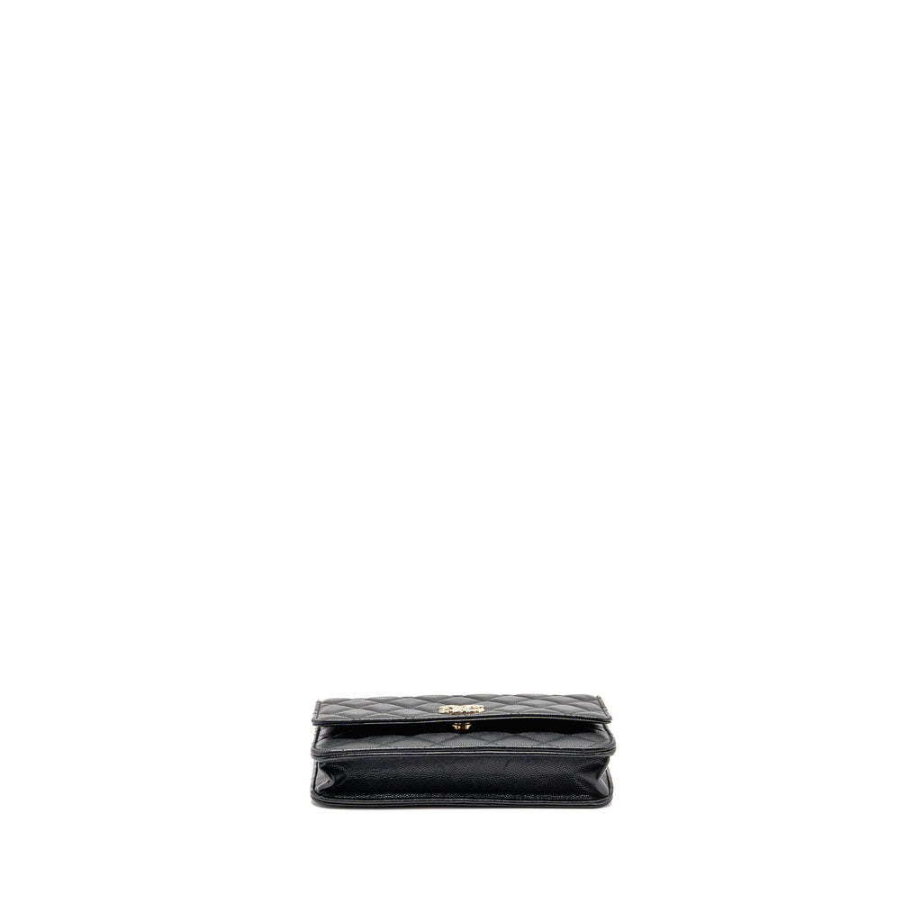 CHANEL CC LOGO QUILTED WALLET ON CHAIN CAVIAR BLACK LGHW (MICROCHIP)