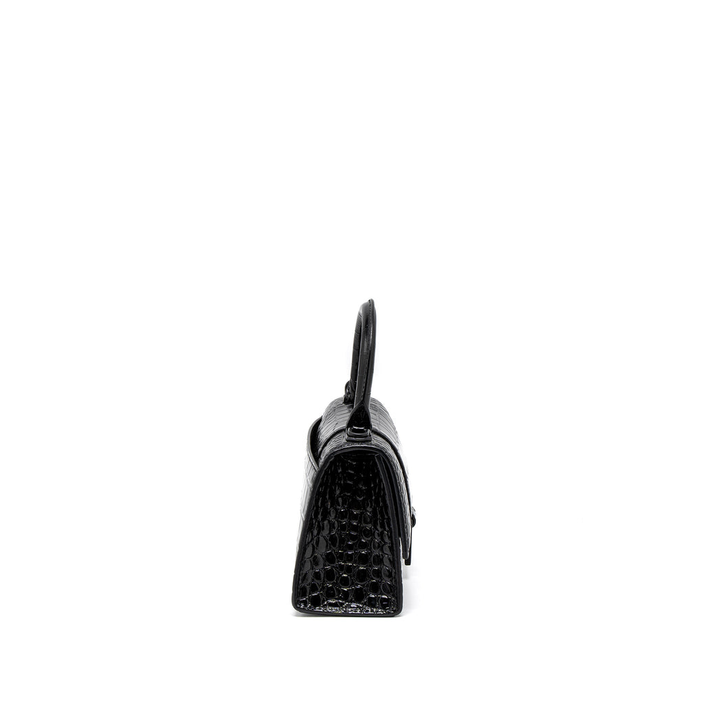 BALENCIAGA HOURGLASS XS CROC-EMBOSSED CALFSKIN SO BLACK