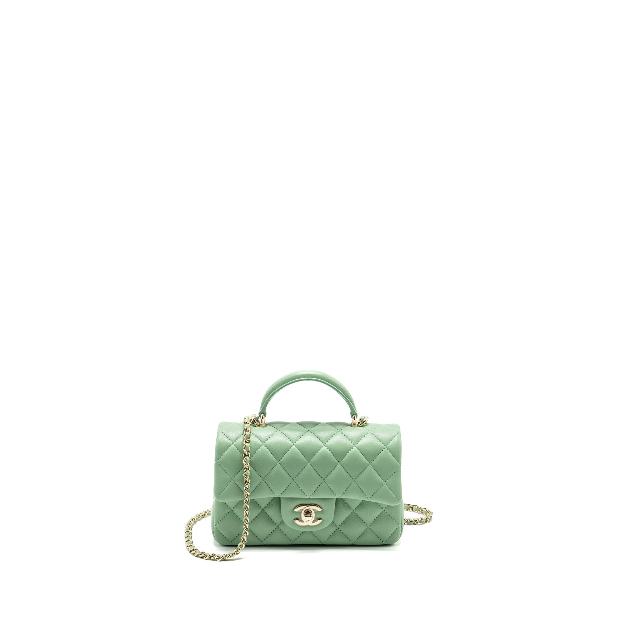 CHANEL TOP HANDLE MINI RECTANGULAR FLAP BAG LAMBSKIN LIGHT GREEN LGHW (MICROCHIP)