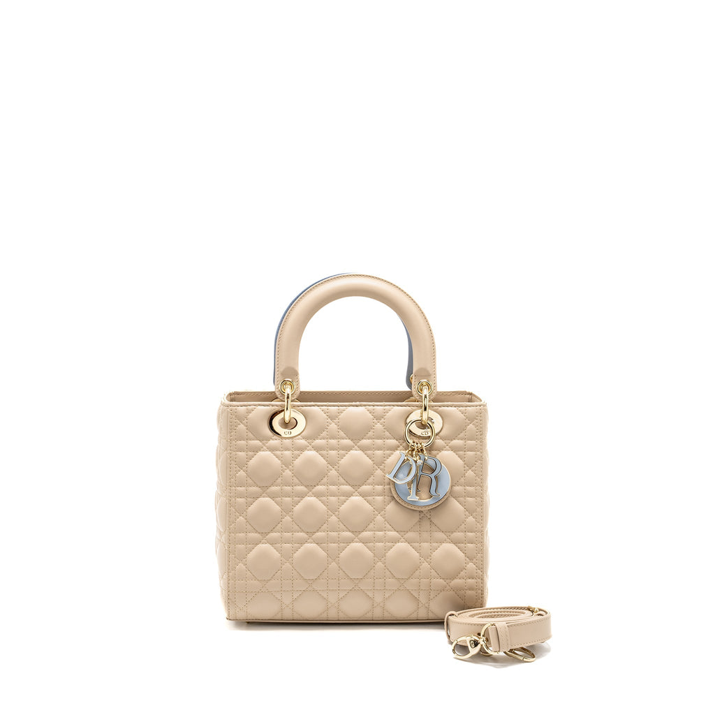 DIOR MEDIUM LADY DIOR LAMBSKIN BEIGE/BLUE LGHW