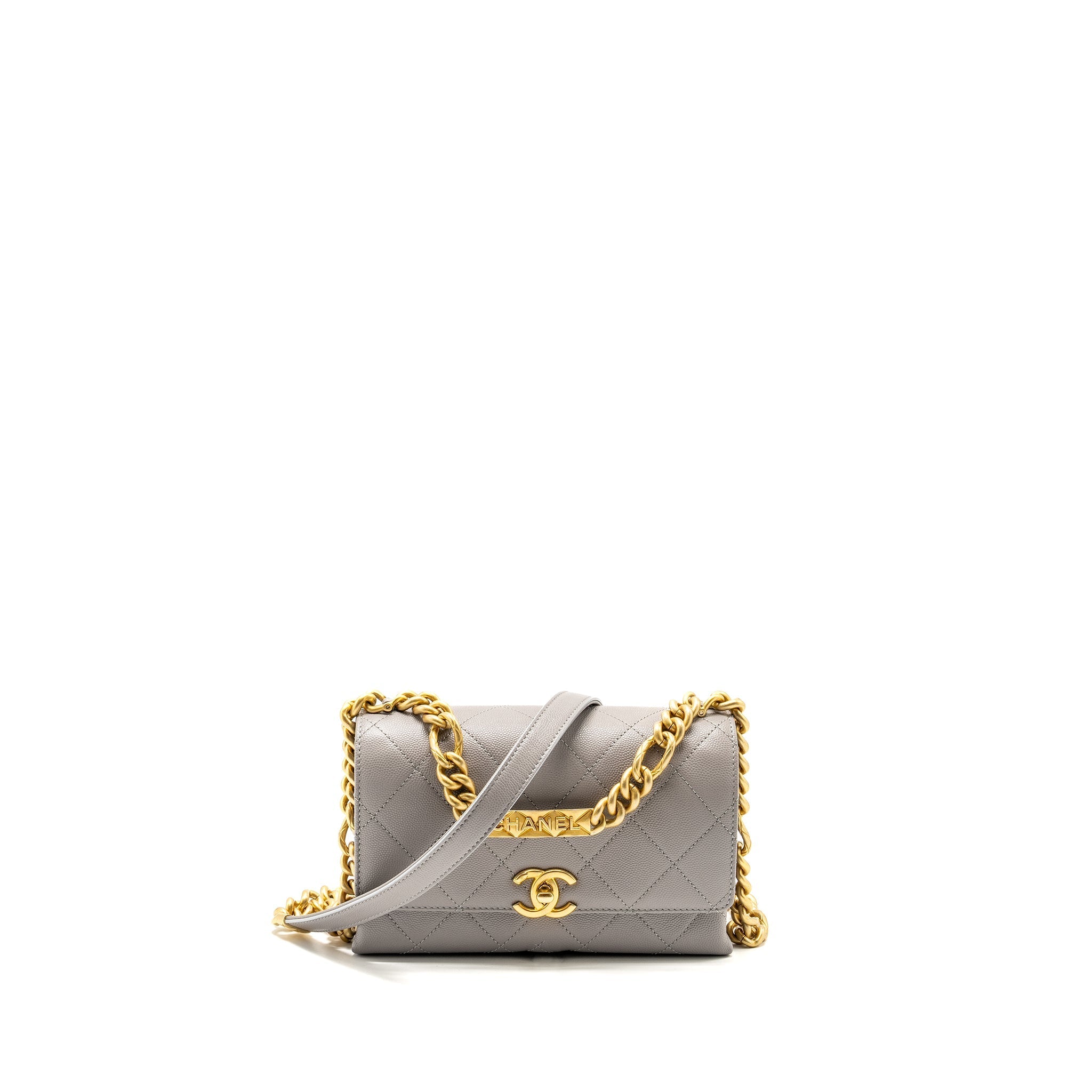 CHANEL MINI QUILTED FLAP BAG WITH CHAIN HANDLE CAVIAR GREY GHW (MICROCHIP)