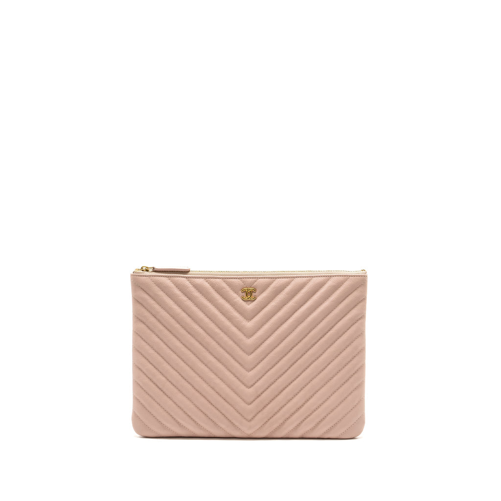 CHANEL CHEVRON ZIP CLUTCH CALFSKIN LIGHT PINK GHW