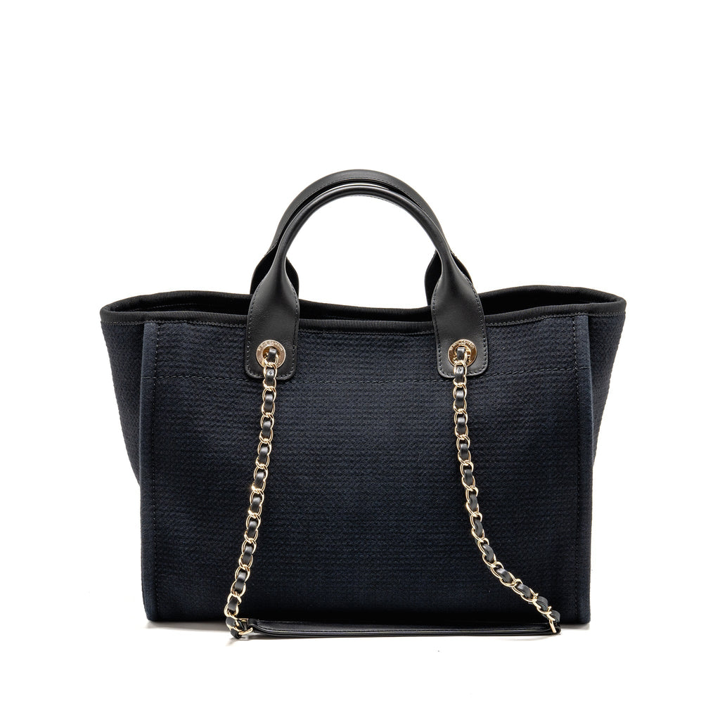 CHANEL DEAUVILLE TOTE BAG CANVAS/CALFSKIN BLACK LGHW (MICROCHIP)