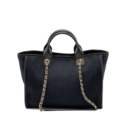 CHANEL DEAUVILLE TOTE BAG CANVAS/CALFSKIN BLACK LGHW (MICROCHIP)