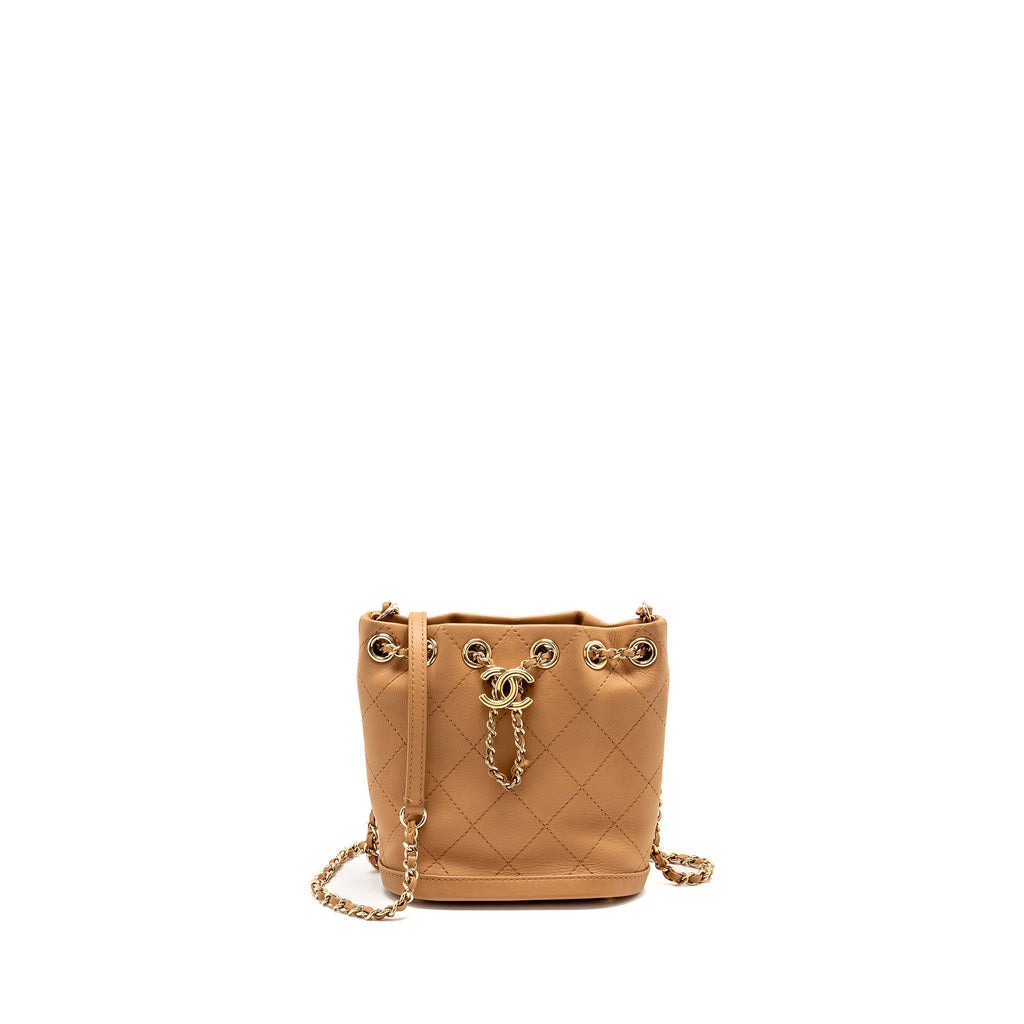 CHANEL MINI DRAWSTRING BUCKET BAG CALFSKIN DARK BEIGE LGHW