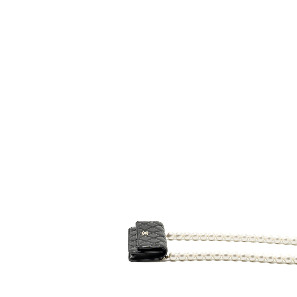 CHANEL CC LOGO CLUTCH WITH GIANT PEARL CHAIN LAMBSKIN BLACK LGHW