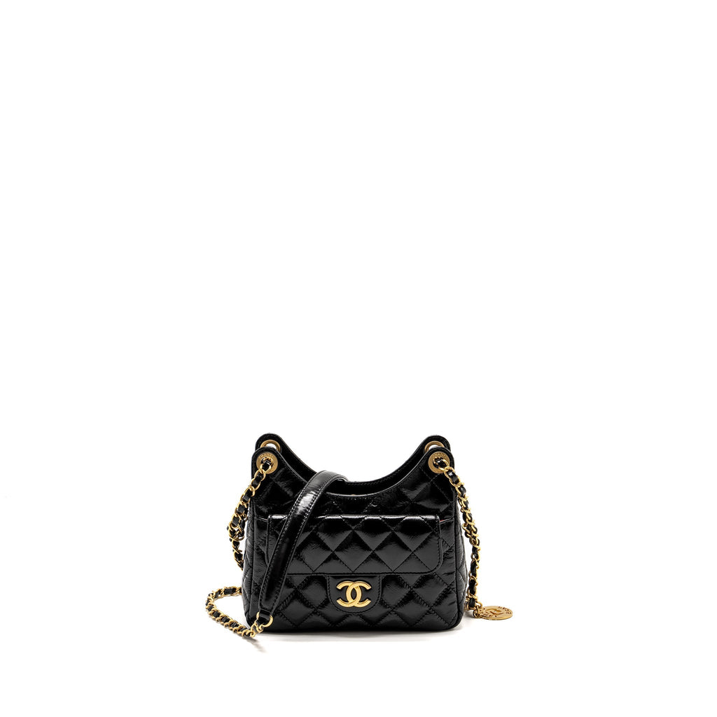 CHANEL 23C SMALL HOBO BAG SHINY CALFSKIN BLACK BRUSHED GHW(MICROCHIP)