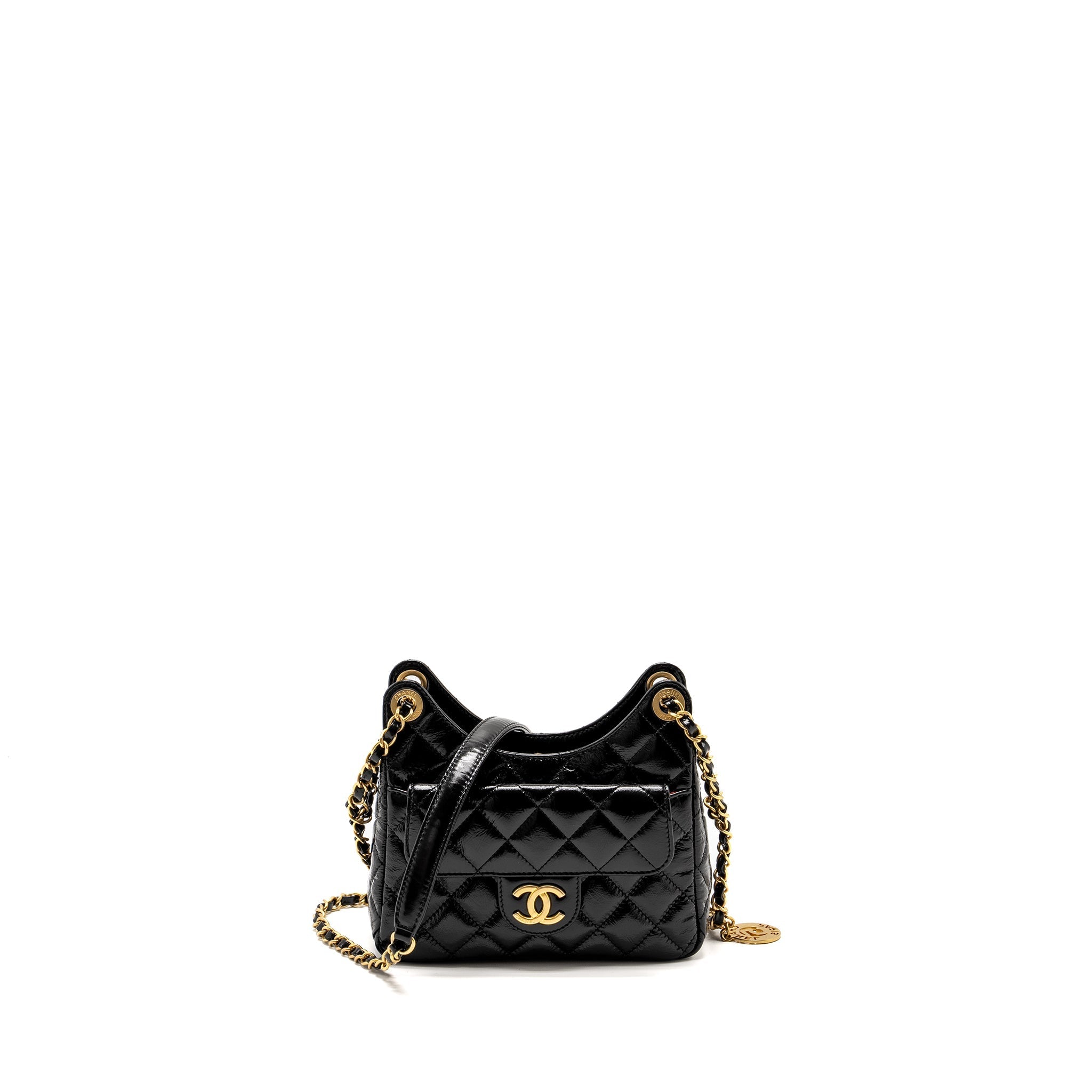 CHANEL 23C SMALL HOBO BAG SHINY CALFSKIN BLACK BRUSHED GHW(MICROCHIP)