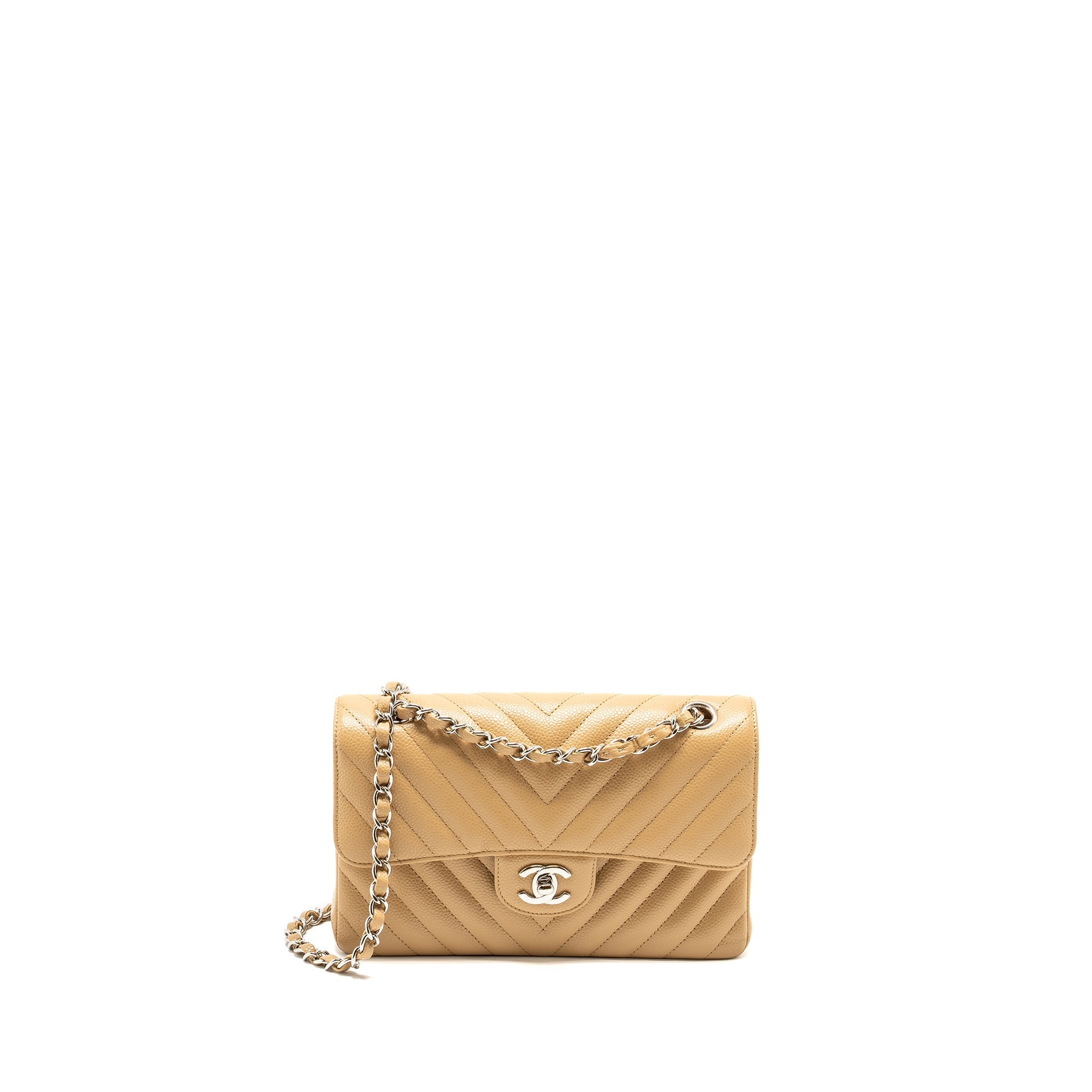 CHANEL SMALL CLASSIC DOUBLE FLAP BAG CHEVRON CAVIAR BEIGE SHW