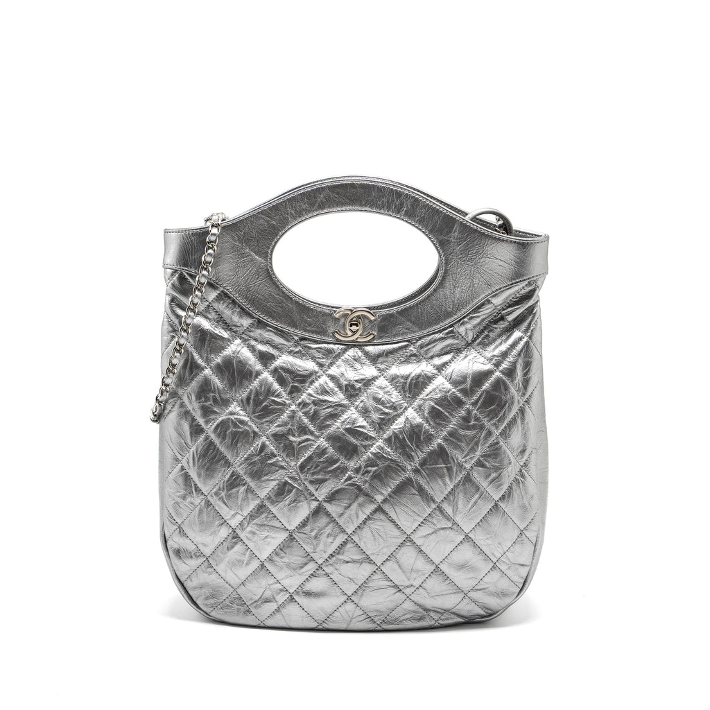 CHANEL 31 BAG QUILTED CRUMPLED CALFSKIN METALLIC SILVER SHW