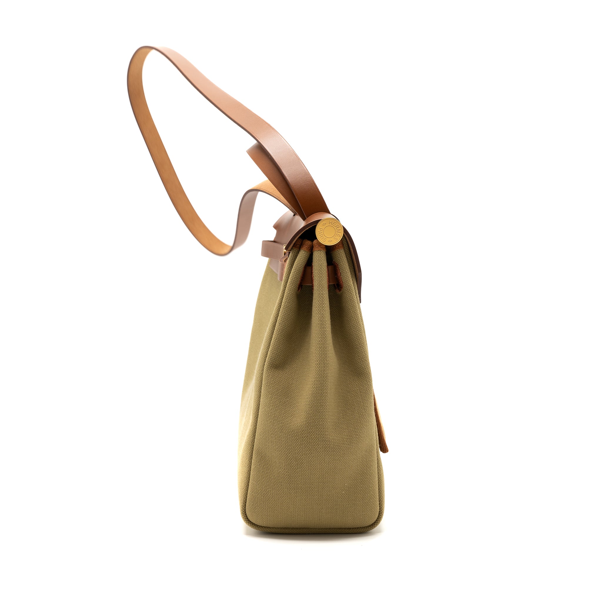 HERMES HERBAG 31 ZIP BAG RETOURNE CANVAS/VACHE HUNTER POUSSIERE/FAUVE GHW