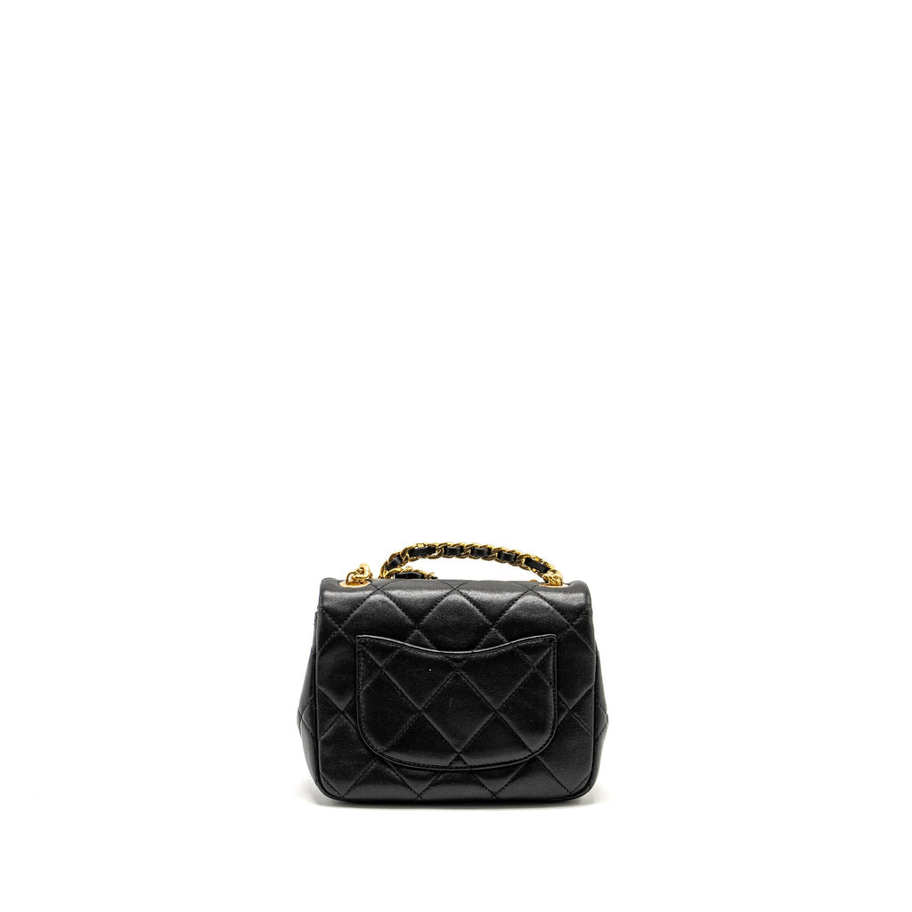 CHANEL 23C ROUND HANDLE MINI SQUARE FLAP BAG LAMBSKIN BLACK GHW (MICROCHIP)