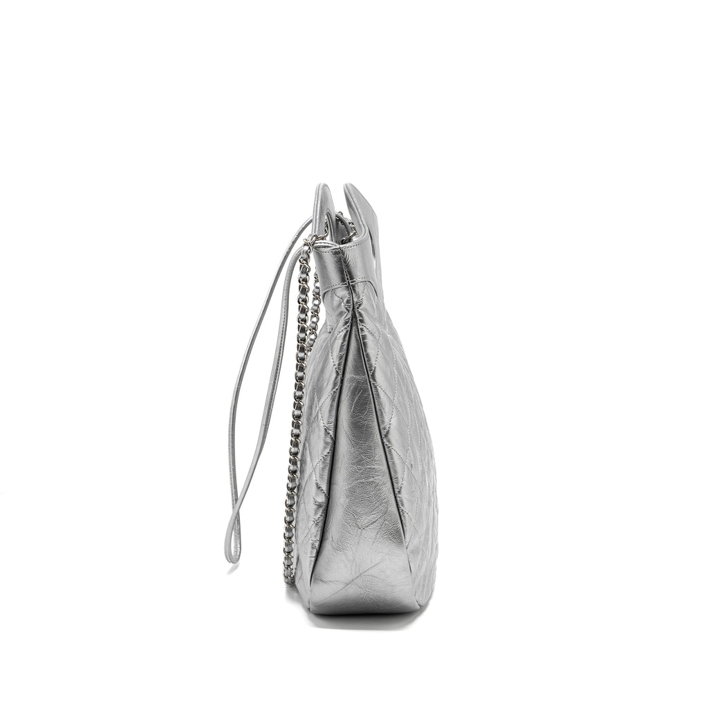 CHANEL 31 BAG QUILTED CRUMPLED CALFSKIN METALLIC SILVER SHW