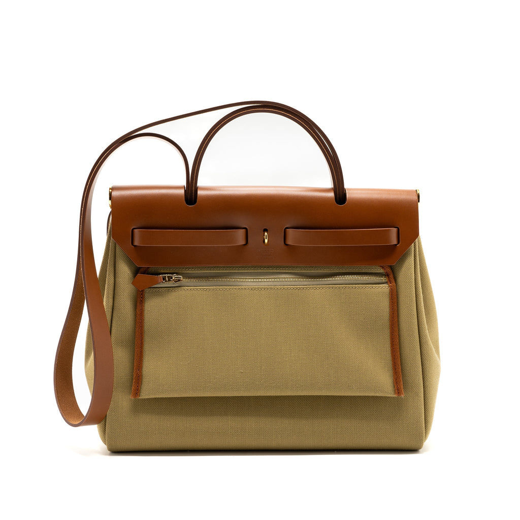 HERMES HERBAG 31 ZIP BAG RETOURNE CANVAS/VACHE HUNTER POUSSIERE/FAUVE GHW