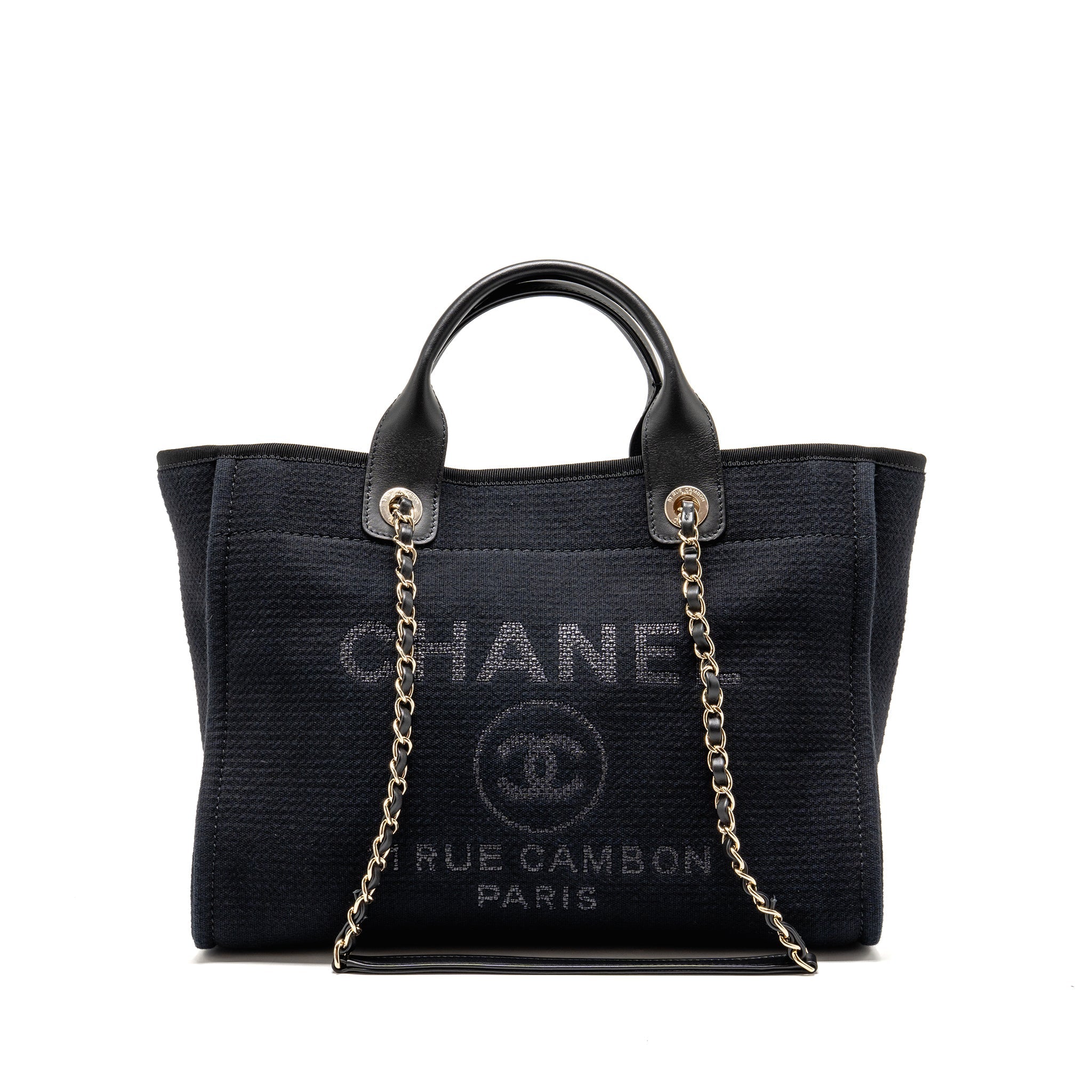 CHANEL DEAUVILLE TOTE BAG CANVAS/CALFSKIN BLACK LGHW (MICROCHIP)