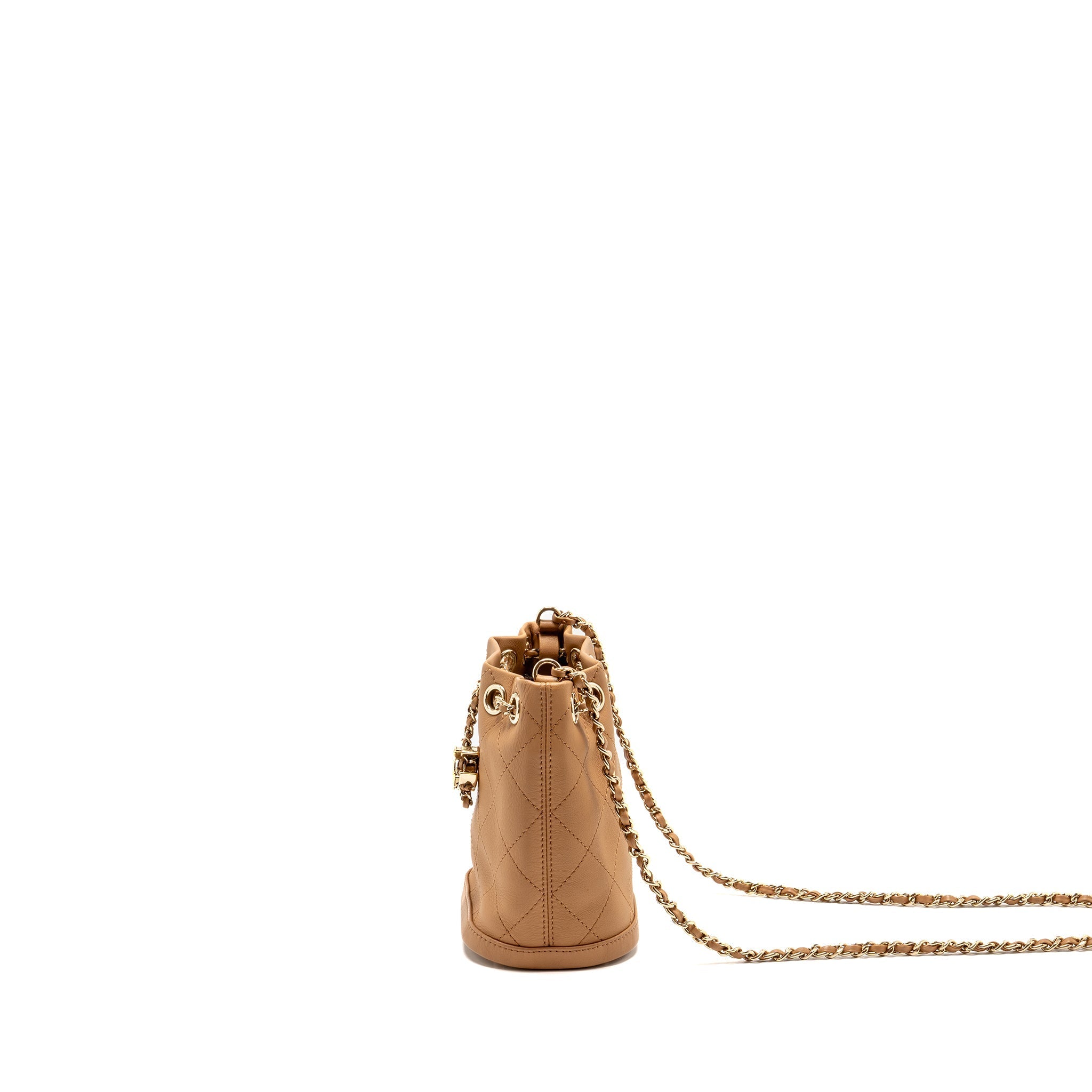 CHANEL MINI DRAWSTRING BUCKET BAG CALFSKIN DARK BEIGE LGHW