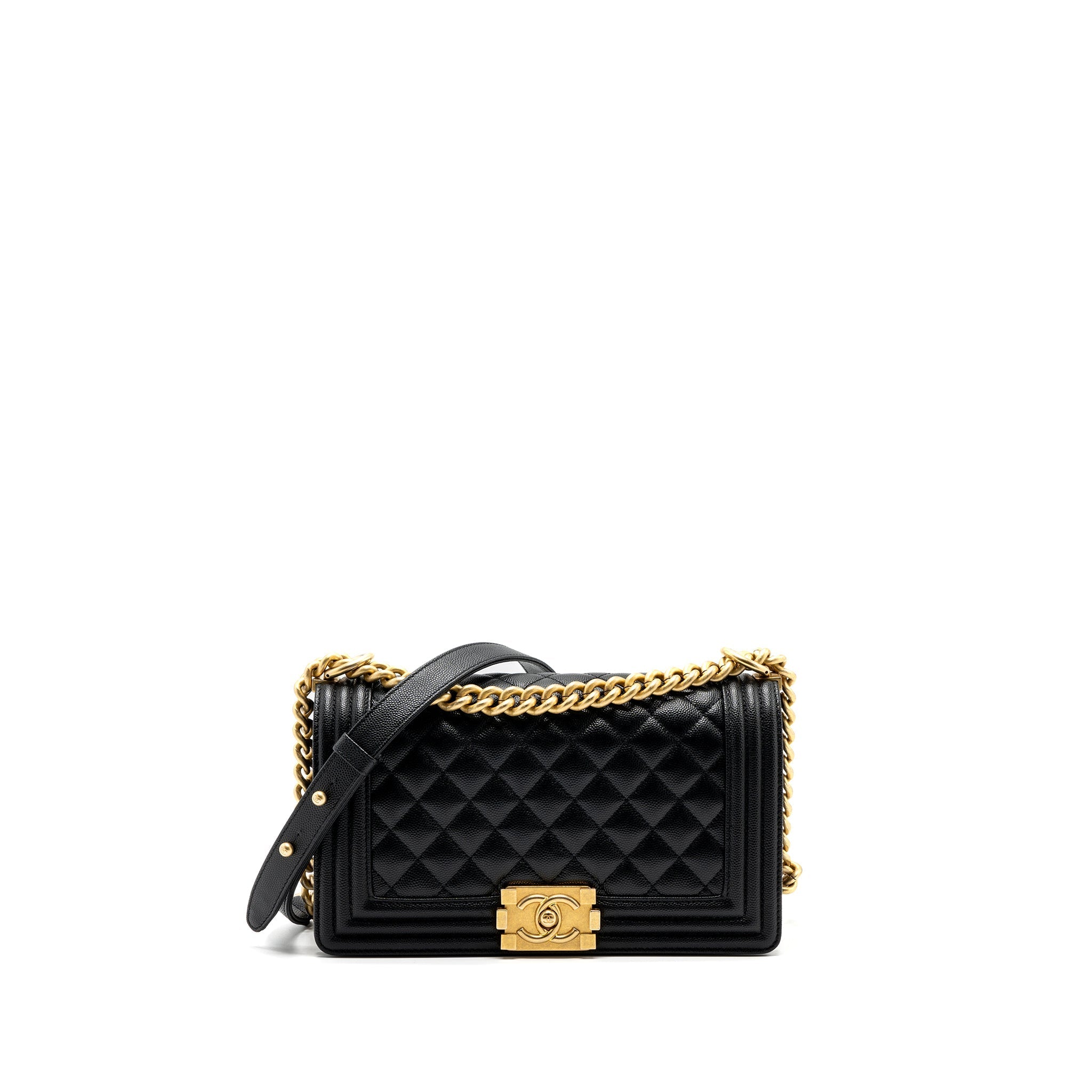 CHANEL MEDIUM BOY BAG CAVIAR BLACK BRUSHED GHW (MICROCHIP )