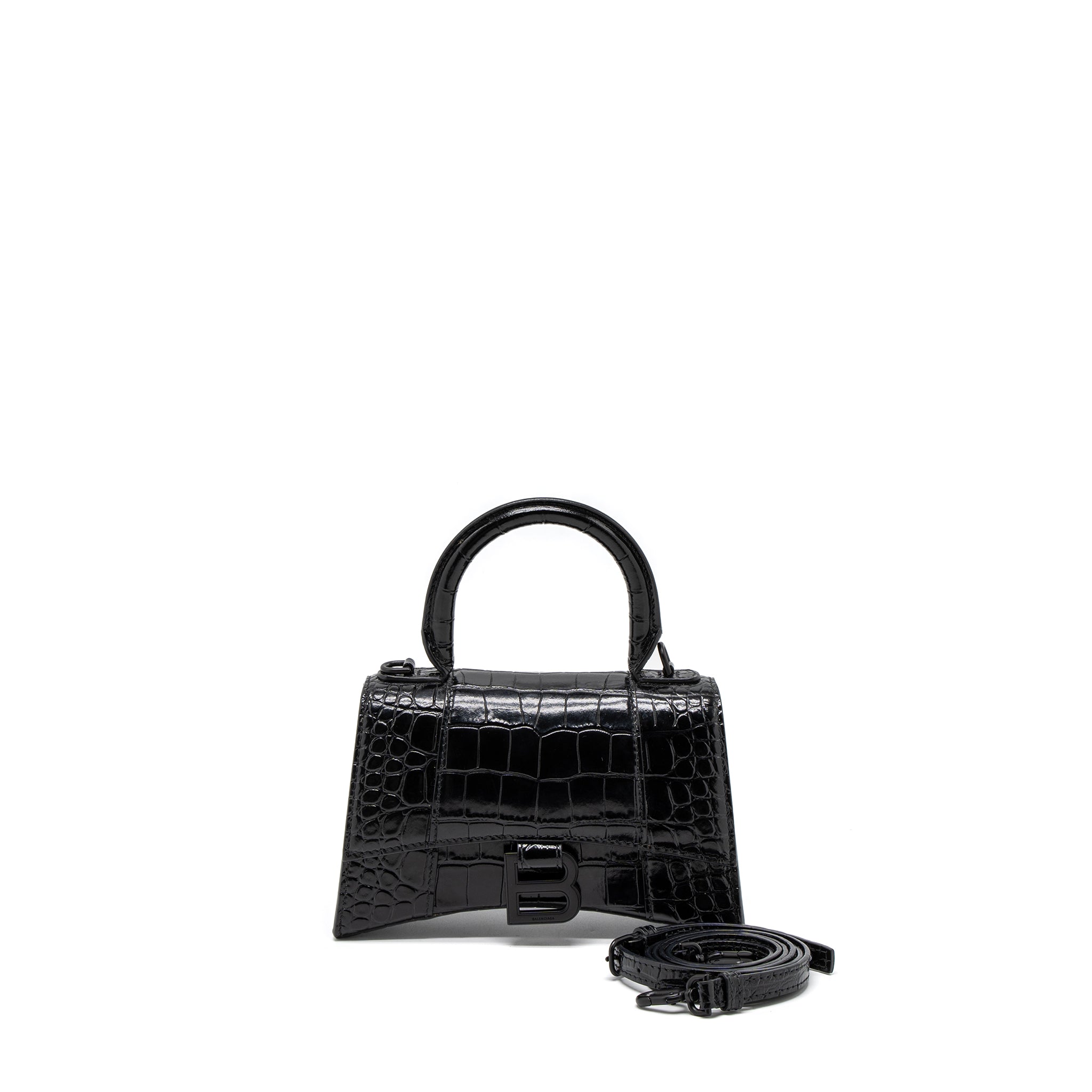 BALENCIAGA HOURGLASS XS CROC-EMBOSSED CALFSKIN SO BLACK
