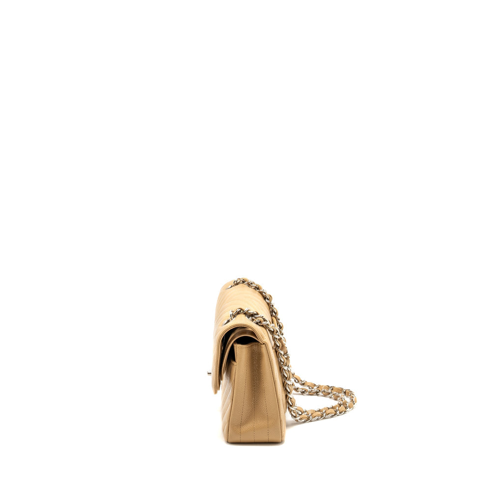 CHANEL SMALL CLASSIC DOUBLE FLAP BAG CHEVRON CAVIAR BEIGE SHW