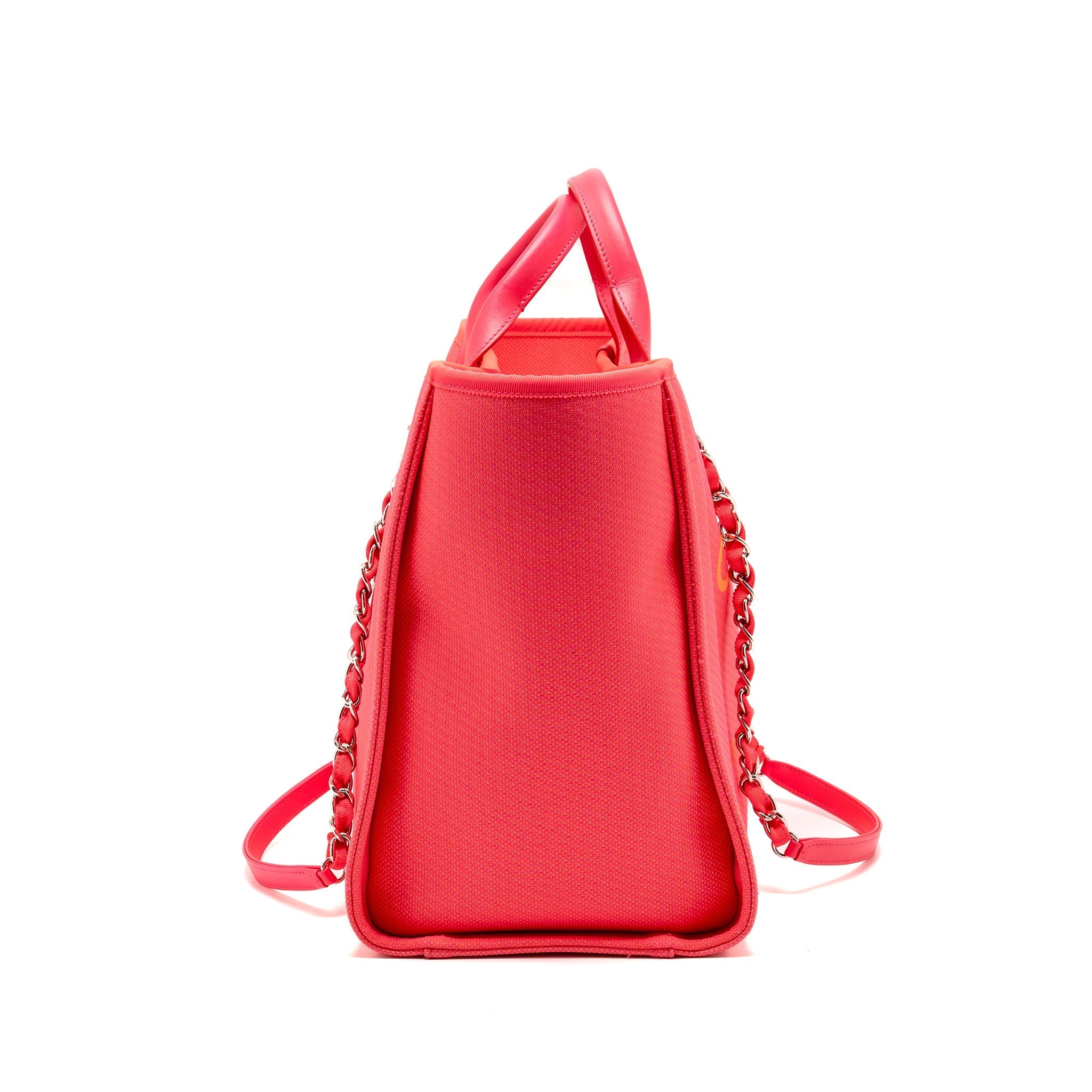 CHANEL LARGE DEAUVILLE TOTE SHOPPING BAG CANVAS/CALFSKIN HOT PINK SHW
