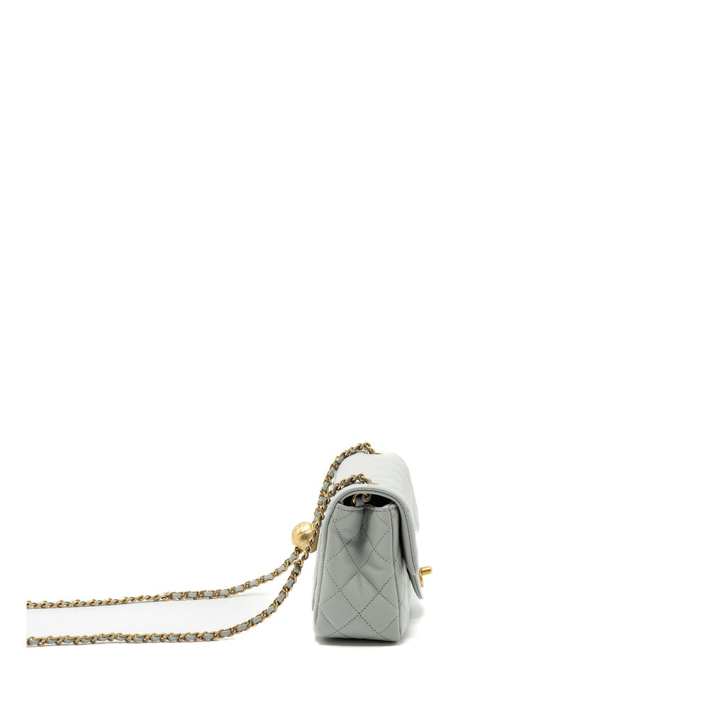 CHANEL 23C PEARL CRUSH MINI SQUARE FLAP BAG LAMBSKIN GREY GHW (MICROCHIP)