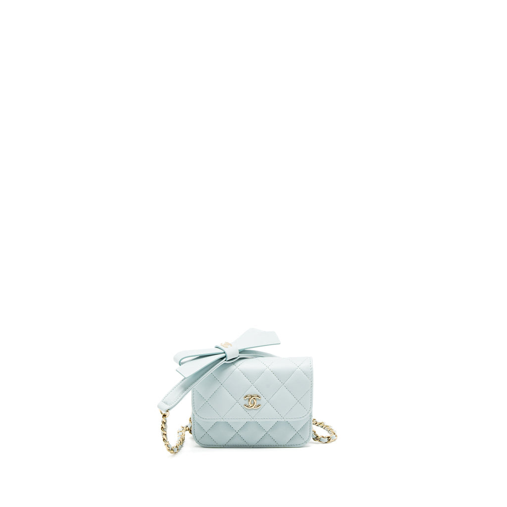 CHANEL MINI FLAP BAG RIBBON CHAINS LAMBSKIN LIGHT BLUE LGHW