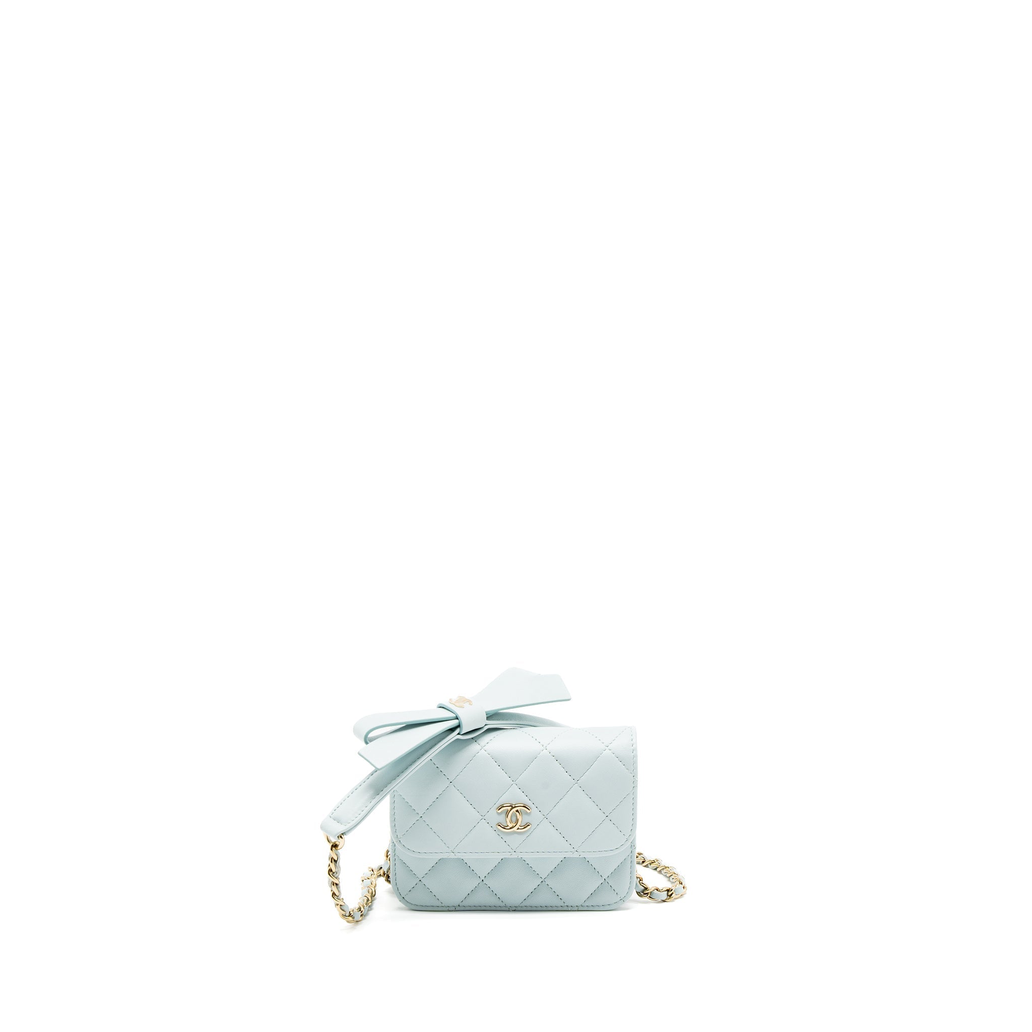 CHANEL MINI FLAP BAG RIBBON CHAINS LAMBSKIN LIGHT BLUE LGHW