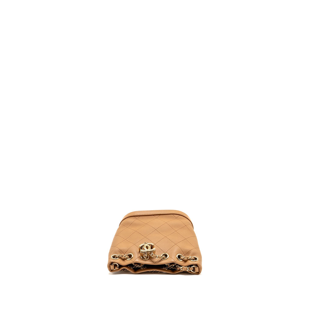 CHANEL MINI DRAWSTRING BUCKET BAG CALFSKIN DARK BEIGE LGHW