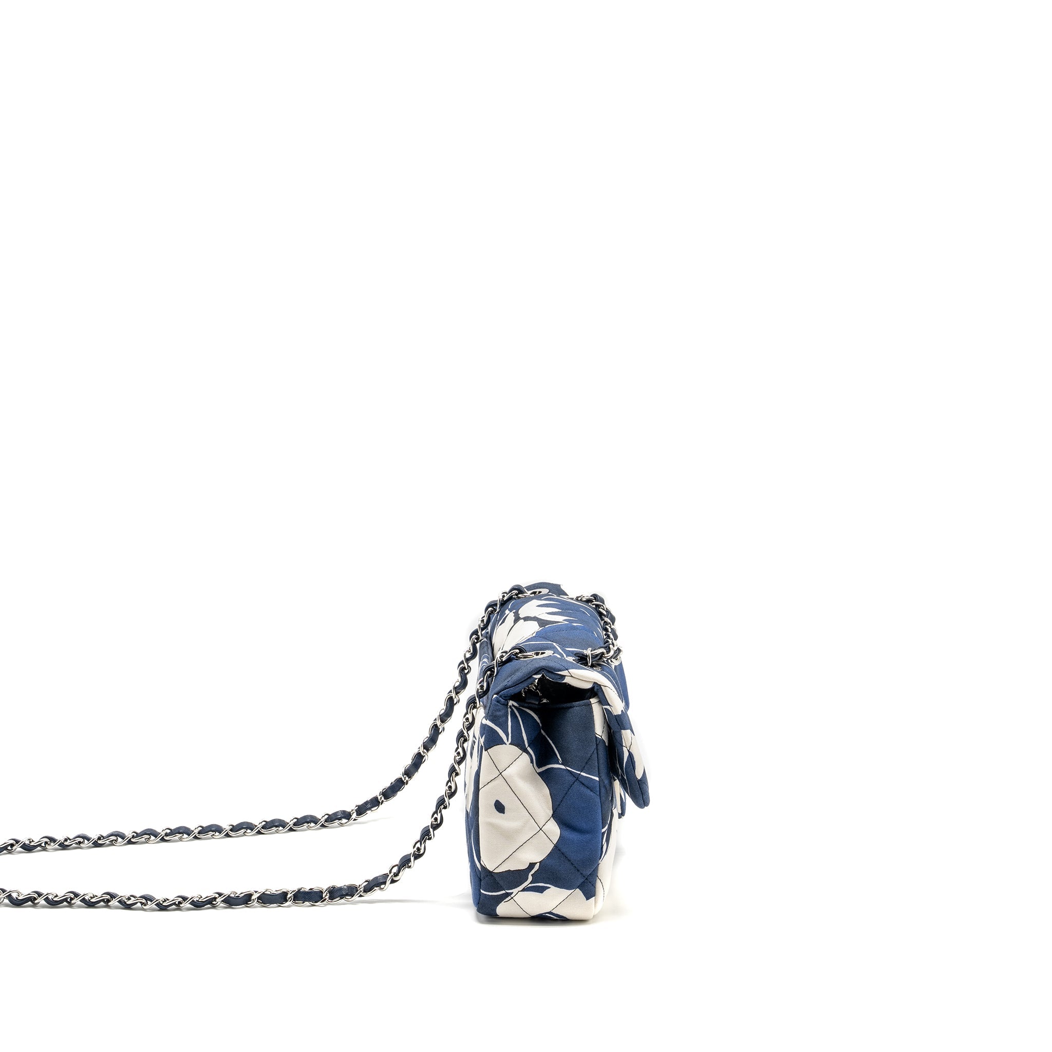 CHANEL MEDIUM LIMITED EDITION FLORA PRINTED CLASSIC FLAP BAG SILK BLUE/WHITE SHW (MICROCHIP)