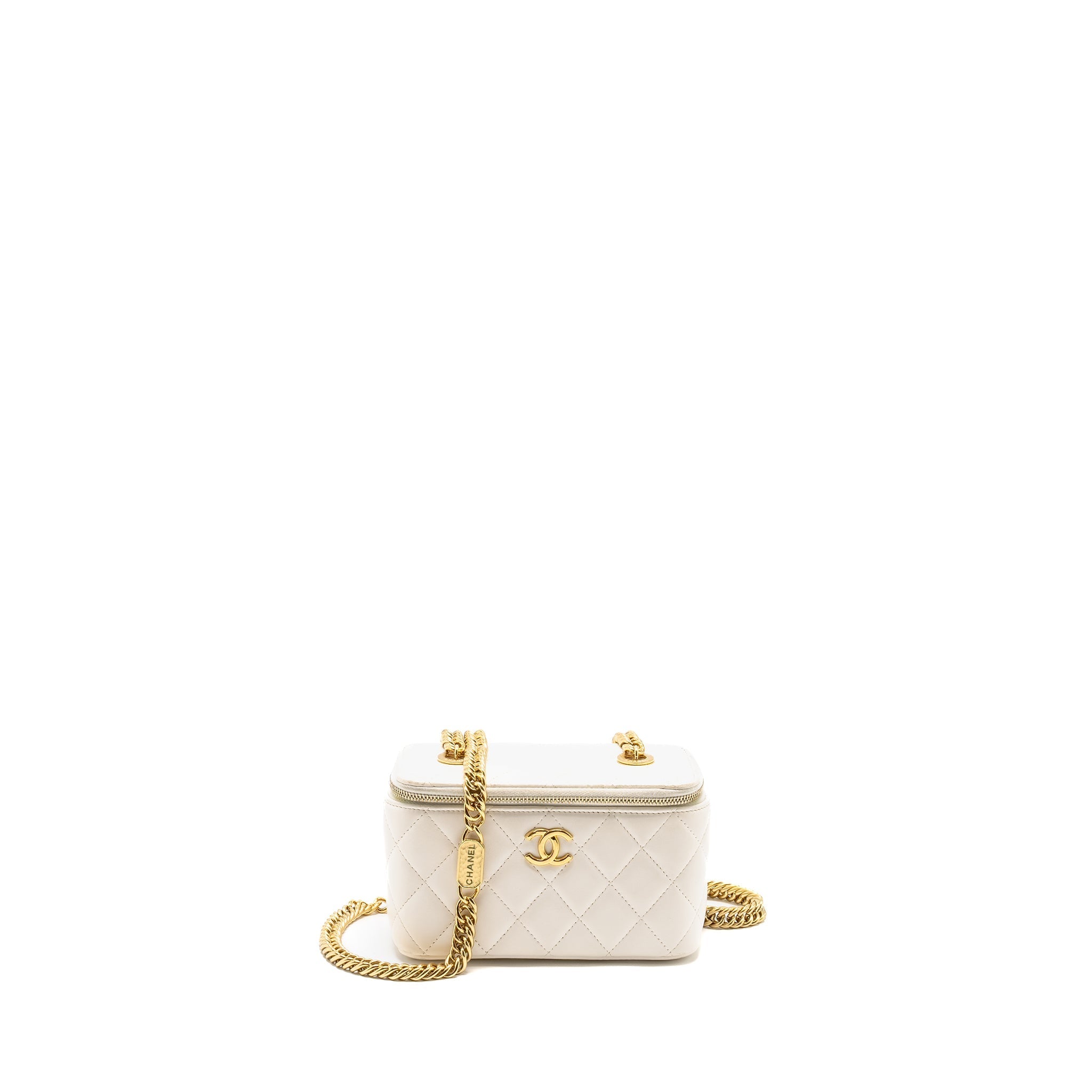CHANEL LETTER/ CC LOGO CHAIN LONG VANITY CASE LAMBSKIN WHITE GHW (MICROCHIP)