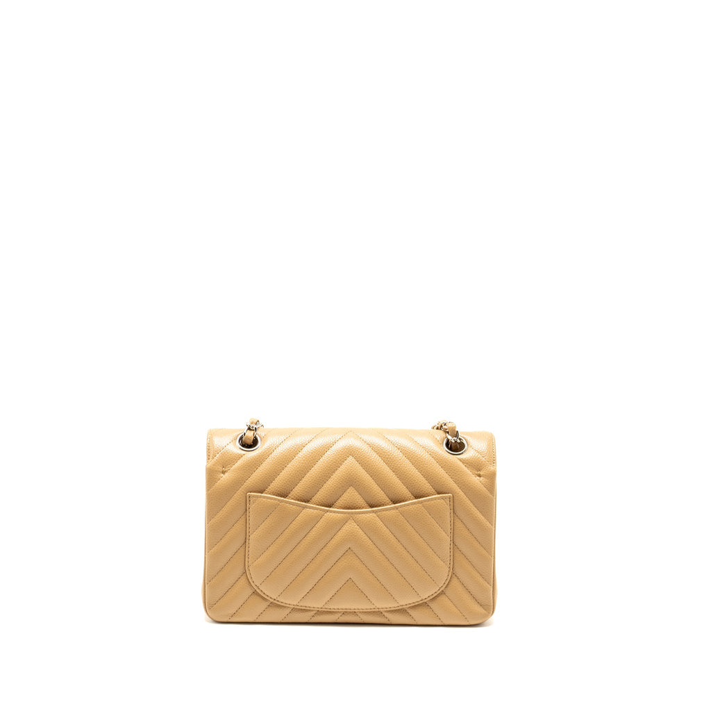 CHANEL SMALL CLASSIC DOUBLE FLAP BAG CHEVRON CAVIAR BEIGE SHW