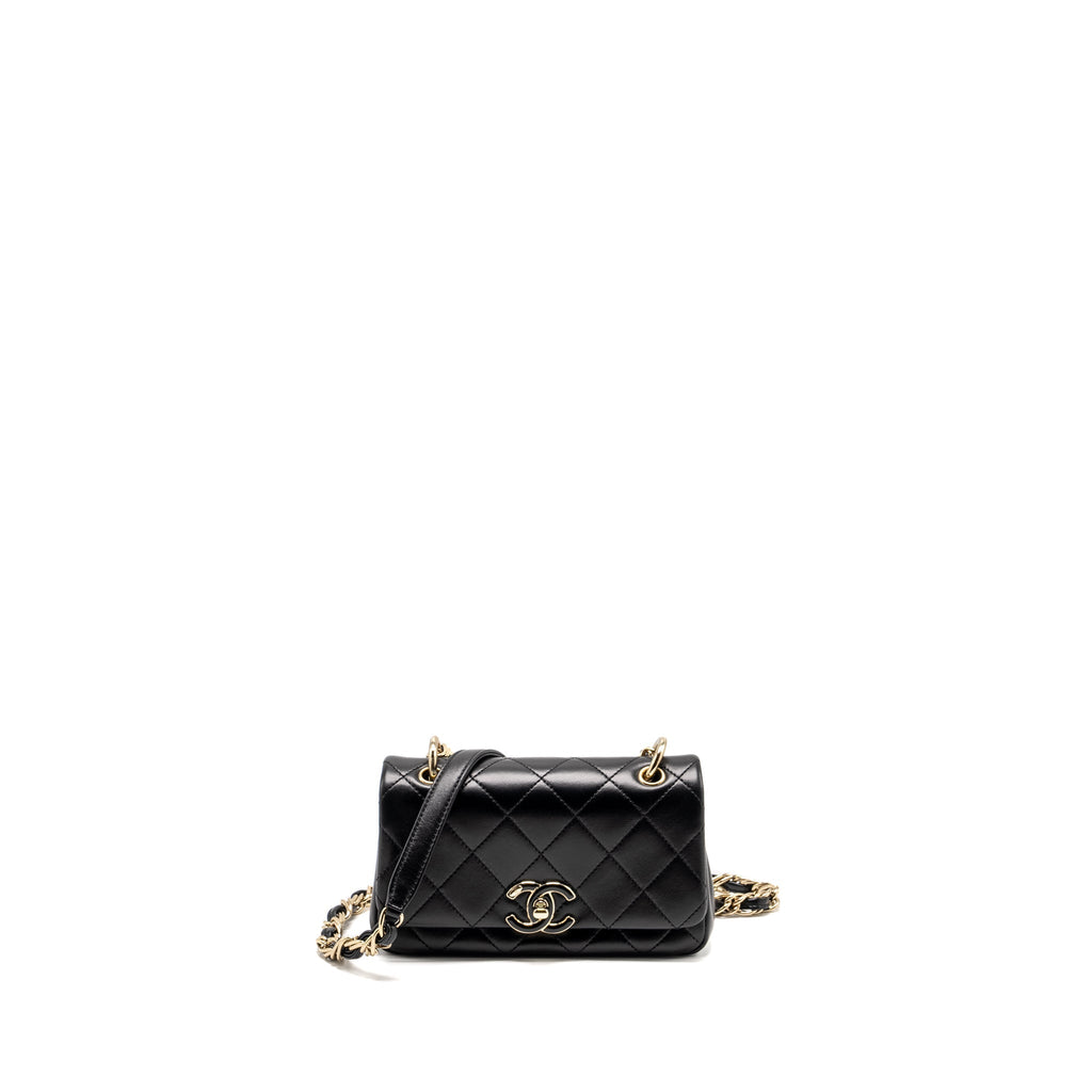 CHANEL ENAMEL CC LOGO QUILTED RECTANGULAR FLAP BAG LAMBSKIN BLACK LGHW