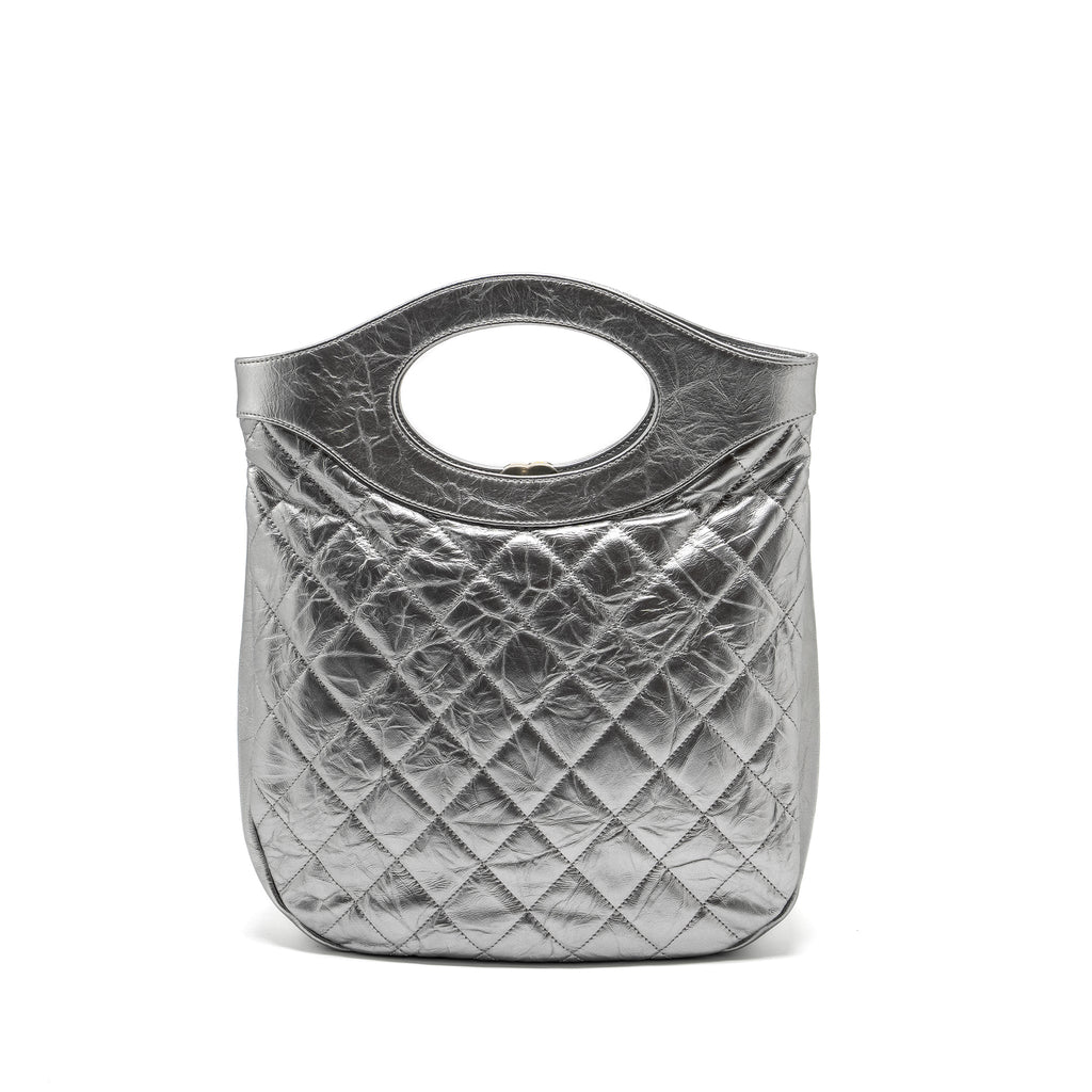 CHANEL 31 BAG QUILTED CRUMPLED CALFSKIN METALLIC SILVER SHW