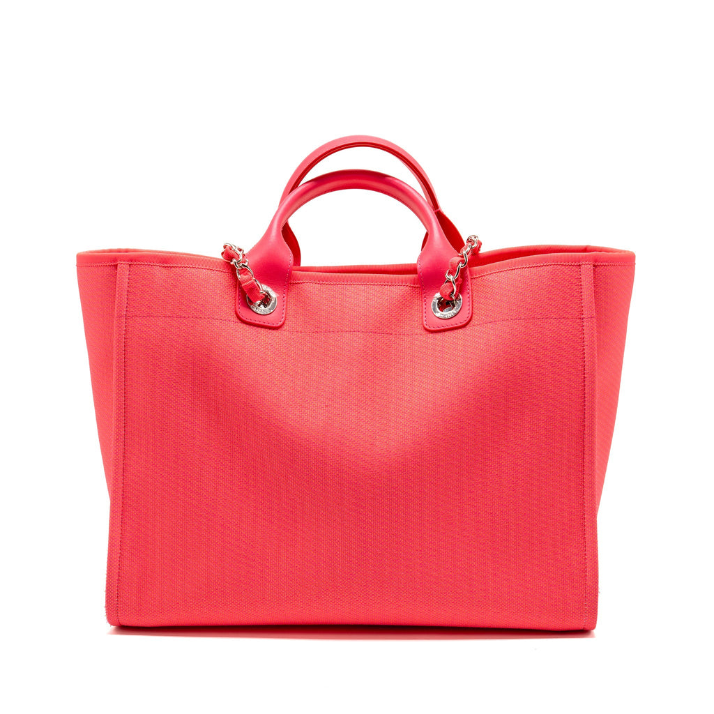 CHANEL LARGE DEAUVILLE TOTE SHOPPING BAG CANVAS/CALFSKIN HOT PINK SHW