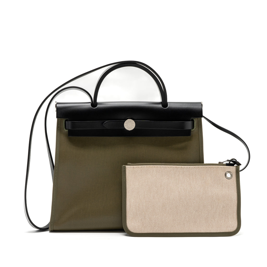 HERMES HERBAG 31 ZIP BAG TOLIE H BERLINE CANVAS/VACHE HUNTER LICHEN/ECRU-BEIGE/BLACK SHW