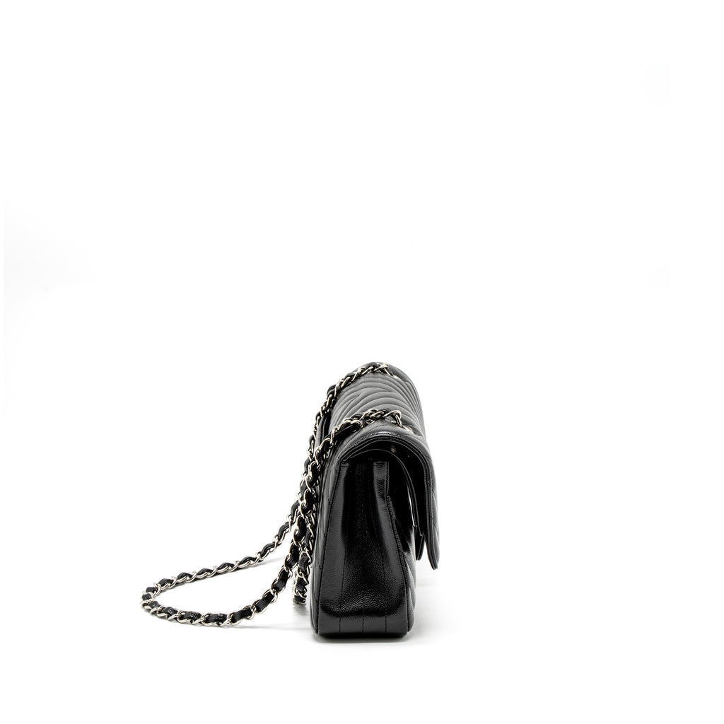 CHANEL MEDIUM CLASSIC DOUBLE FLAP BAG CHEVRON CAVIAR BLACK SHW