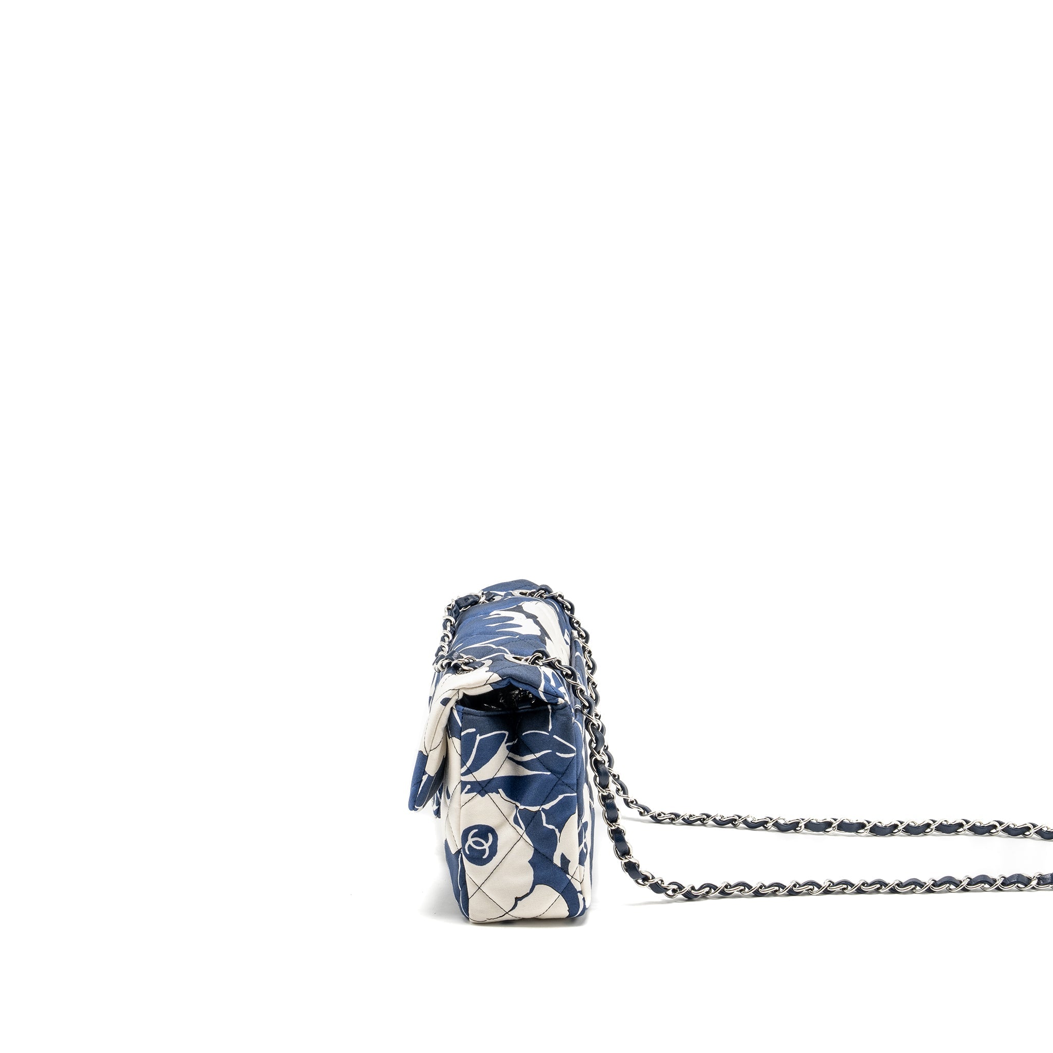 CHANEL MEDIUM LIMITED EDITION FLORA PRINTED CLASSIC FLAP BAG SILK BLUE/WHITE SHW (MICROCHIP)