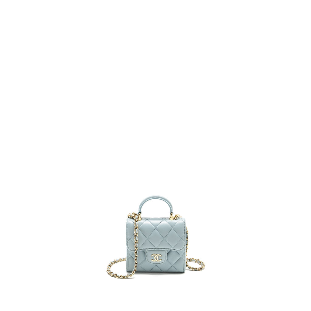 CHANEL TOP HANDLE MINI FLAP BAG LAMBSKIN LIGHT BLUE LGHW