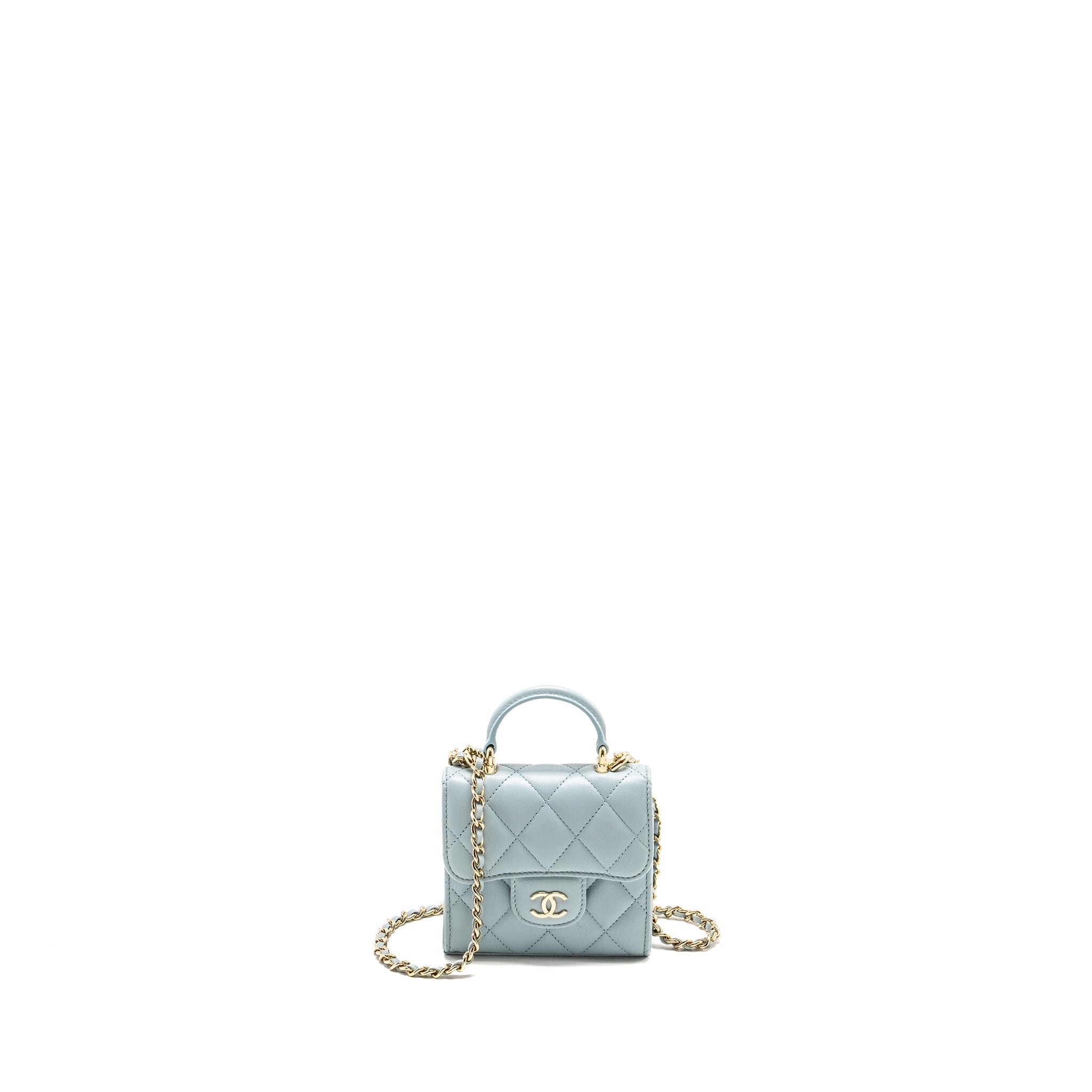 CHANEL TOP HANDLE MINI FLAP BAG LAMBSKIN LIGHT BLUE LGHW