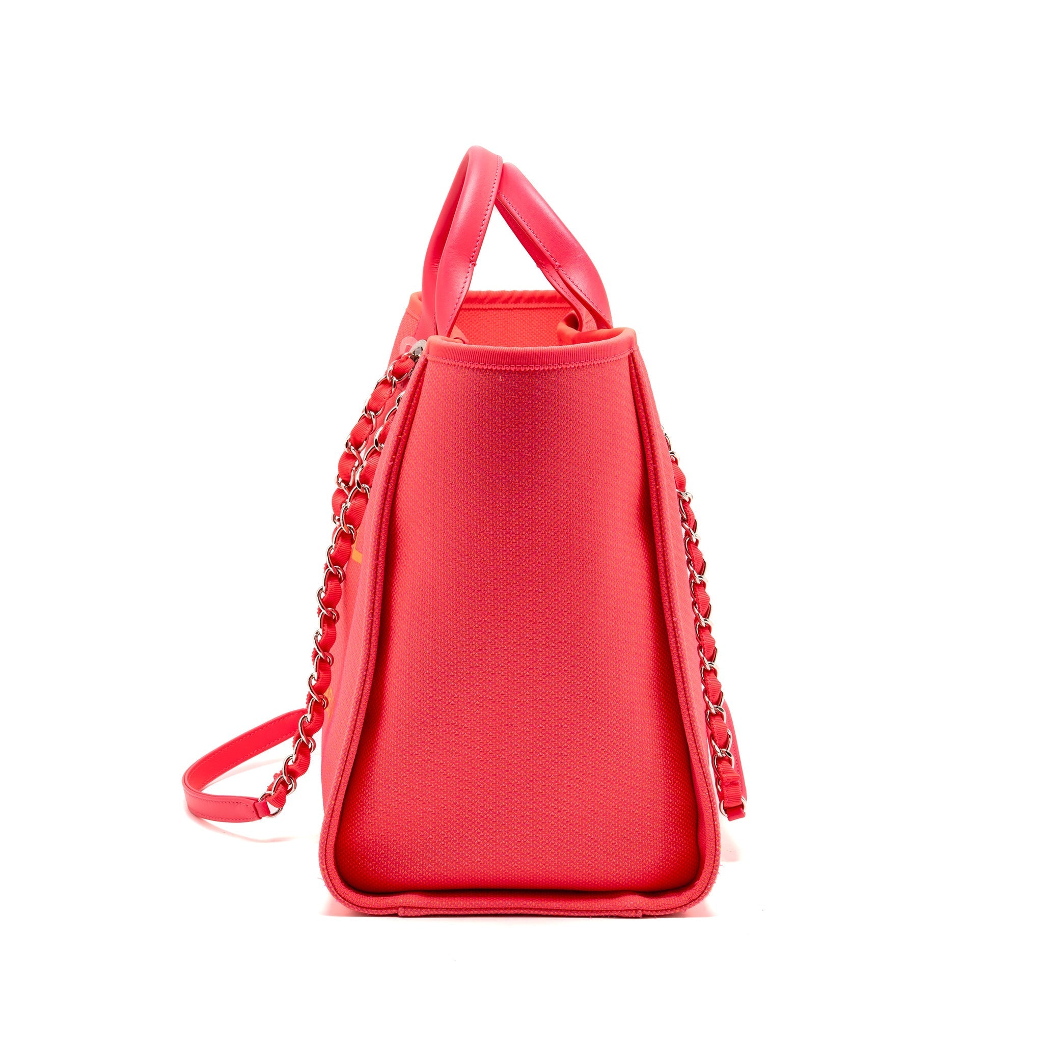 CHANEL LARGE DEAUVILLE TOTE SHOPPING BAG CANVAS/CALFSKIN HOT PINK SHW