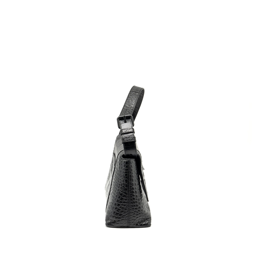 BALENCIAGA LIMITED EDITION DOWNTOWN SMALL SHOULDER BAG CROC-EMBOSSED CALFSKIN BLACK WITH BLACK HARDWARE