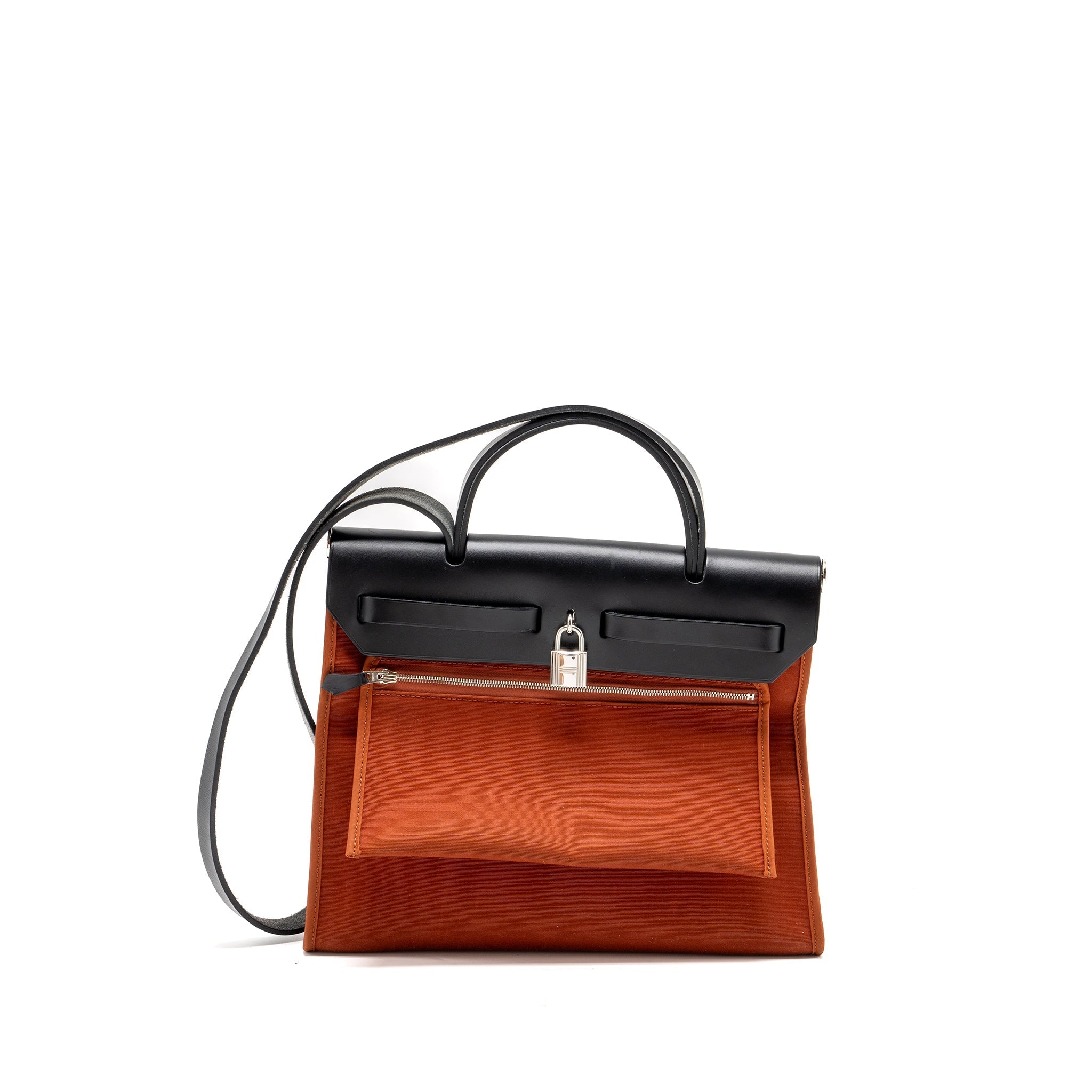 HERMES HERBAG 31 ZIP BAG CANVAS/ HUNTER LEATHER CUIVRE / BLACK SHW