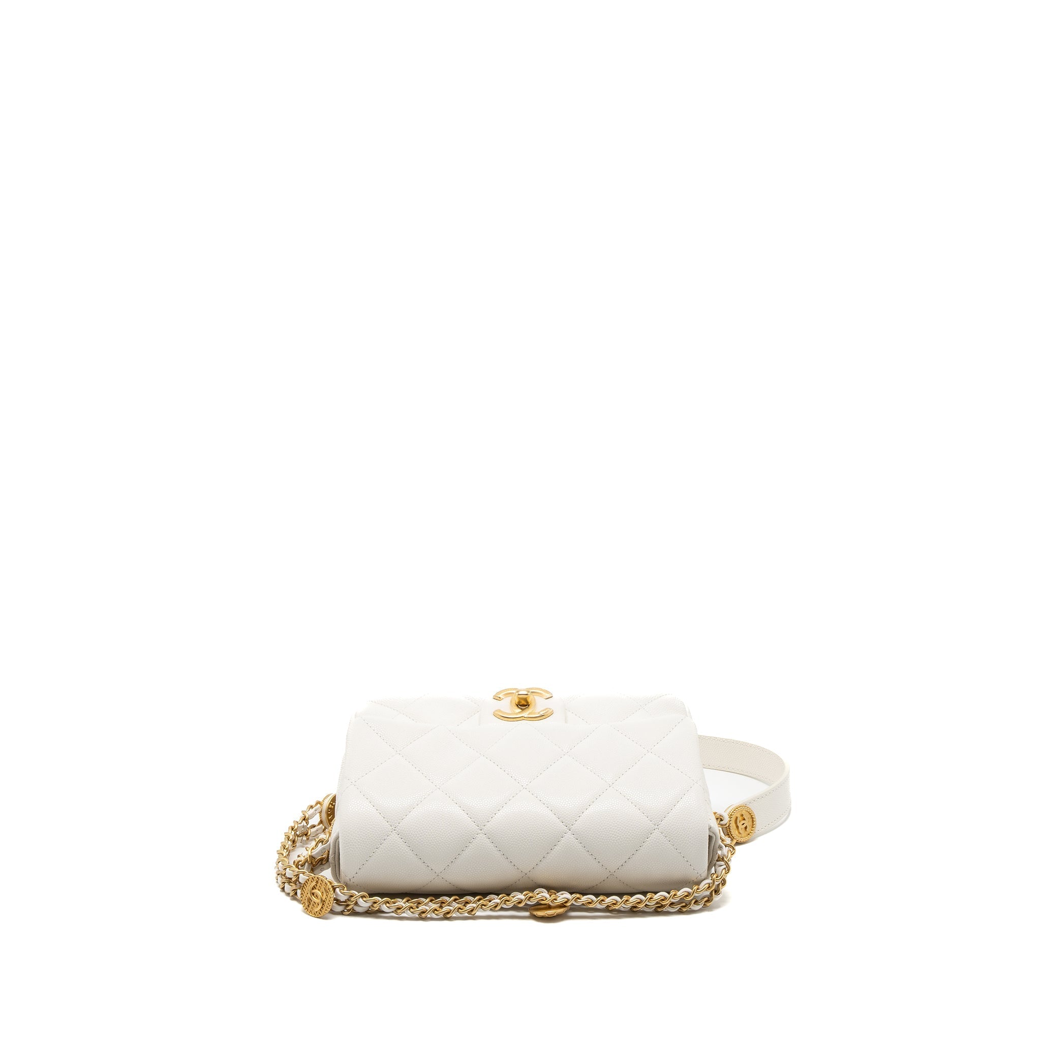 CHANEL 22A SMALL FLAP BAG BUTTON ON CHAIN CAVIAR WHITE BRUSHED GHW (MICROCHIP)