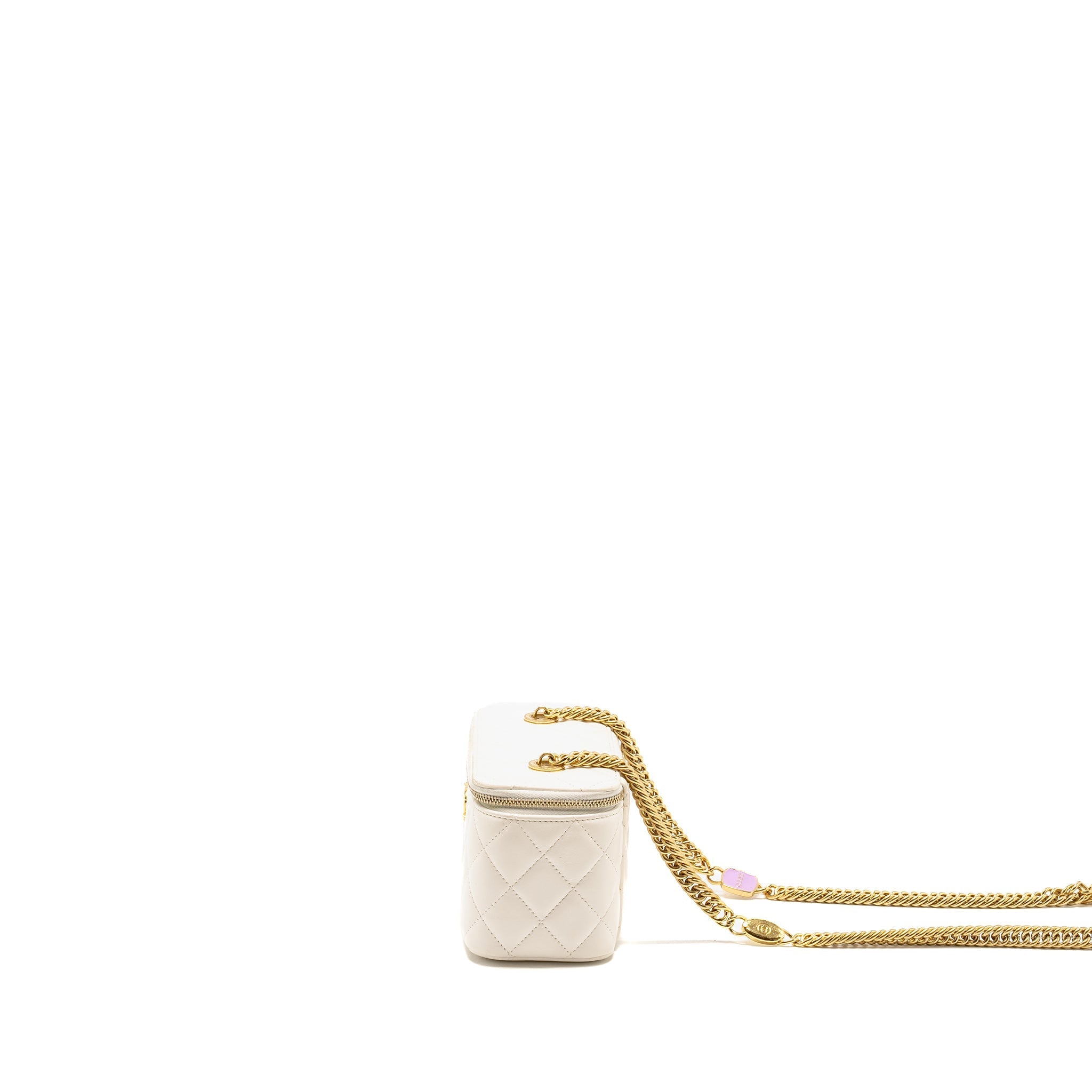 CHANEL LETTER/ CC LOGO CHAIN LONG VANITY CASE LAMBSKIN WHITE GHW (MICROCHIP)
