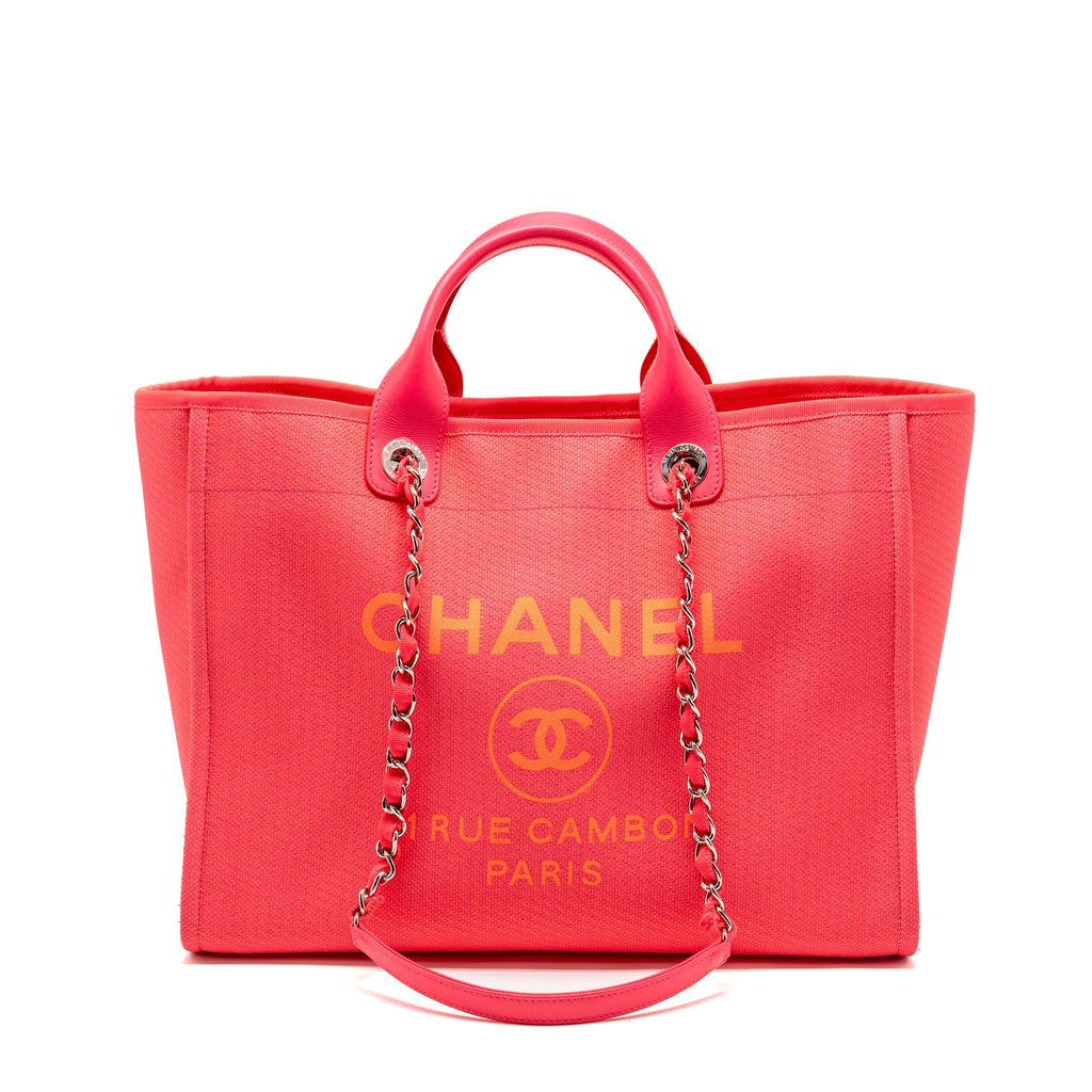 CHANEL LARGE DEAUVILLE TOTE SHOPPING BAG CANVAS/CALFSKIN HOT PINK SHW