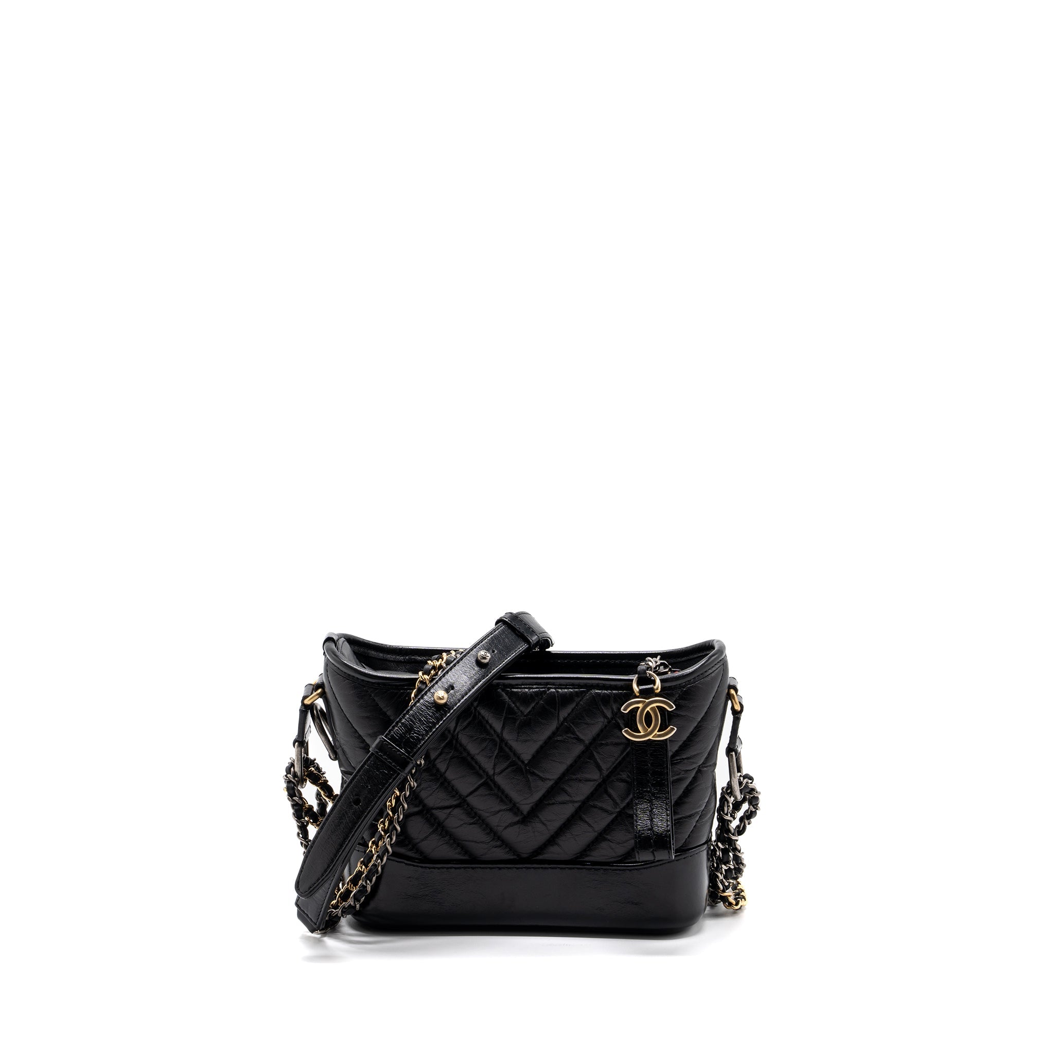 CHANEL SMALL GABRIELLE HOBO BAG CHEVRON AGED CALFSKIN BLACK MULTICOLOUR HARDWARE