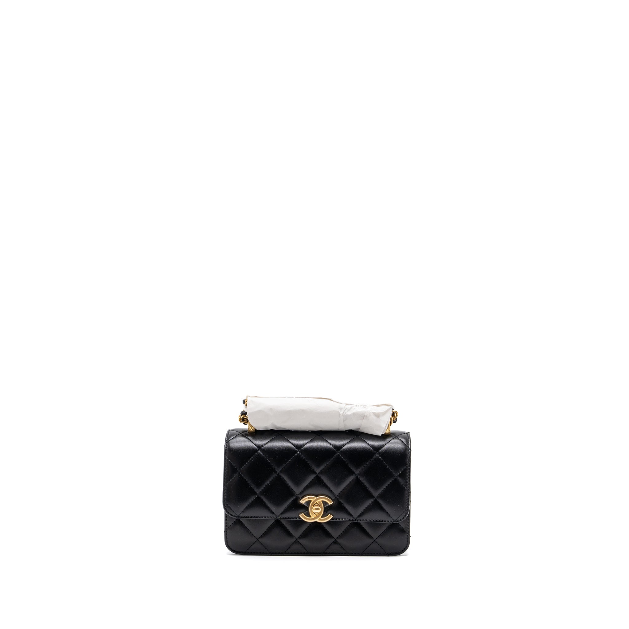 CHANEL 24C GOLD CRUSH MINI FLAP BAG CALFSKIN BLACK GHW  (MICROCHIP)