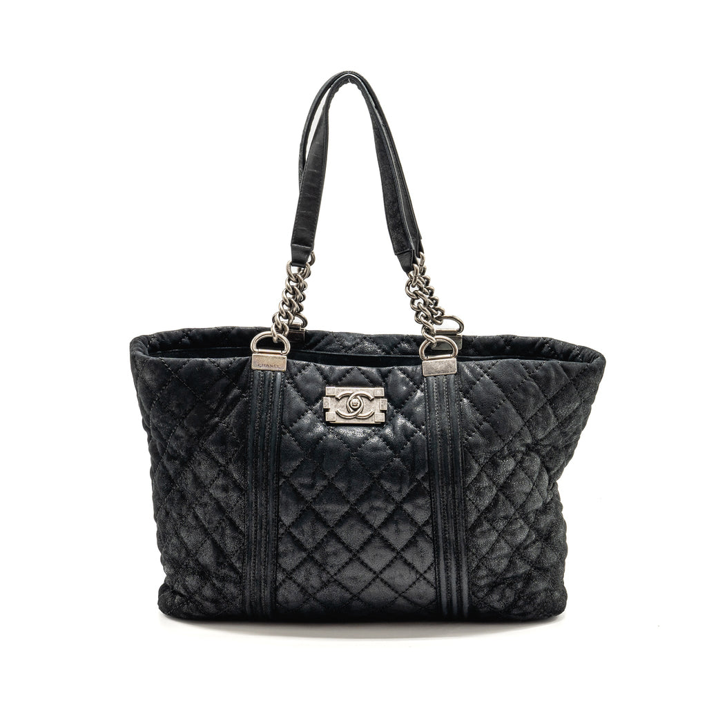 CHANEL LARGE BOY SHOPPING TOTE BAG CALFSKIN IRIDESCENT NAVY SHW